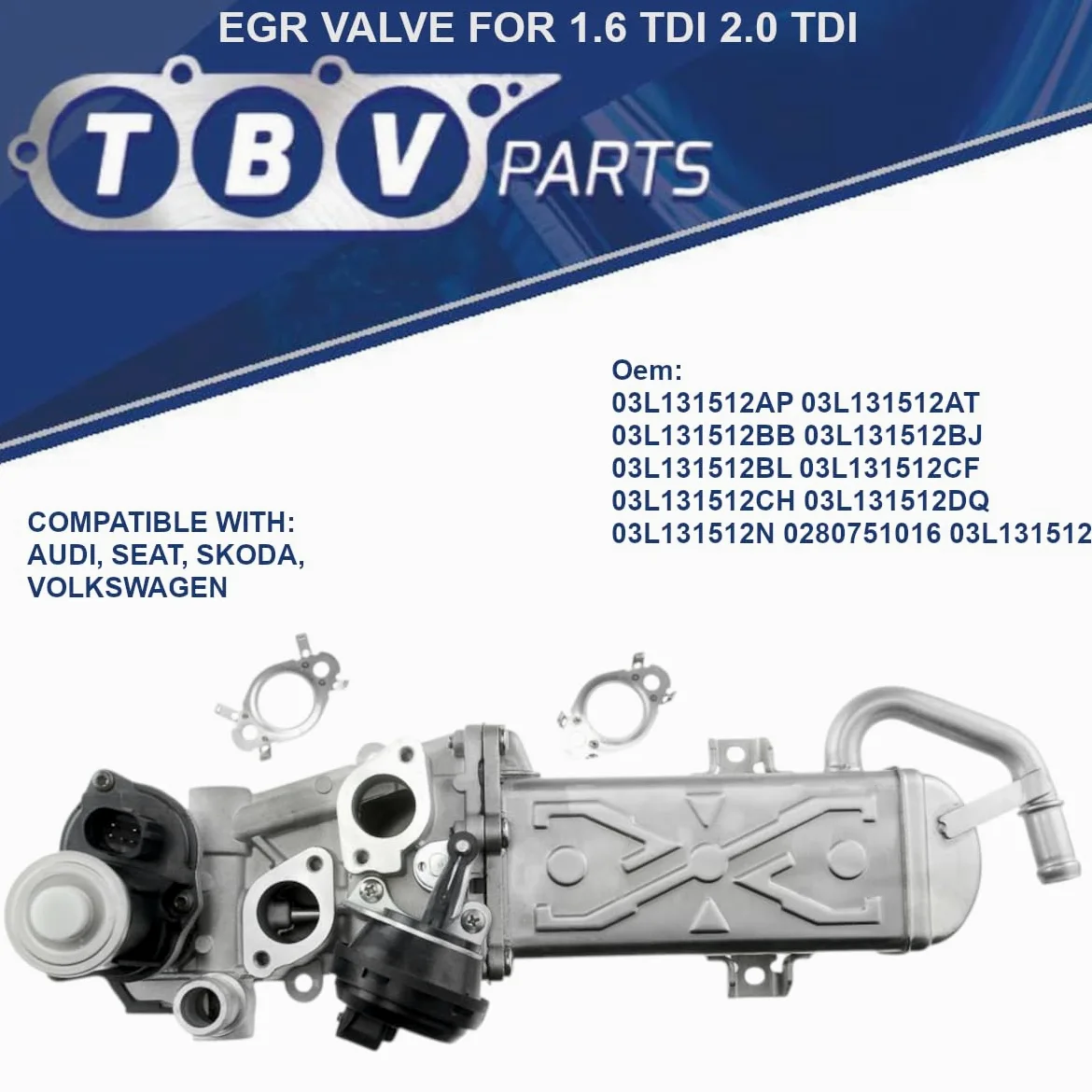 Válvula EGR de Recirculación de Gases – Compatible con motores 1.6/2.0 TDI – Referencias OEM 03L131512CF 03L131512CH 03L131512DQ 03L131512N 03L131512AP