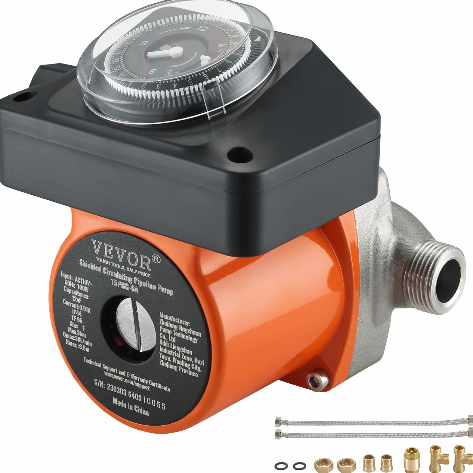 VEVOR Bomba de Circulación de Agua Caliente 100 W Bomba de Presión Circulador Auto Silenciador Acero Inoxidable Entrada Salida DN20 Adaptador DN15 para Sistema de Calentador de Agua Grifo de Ducha