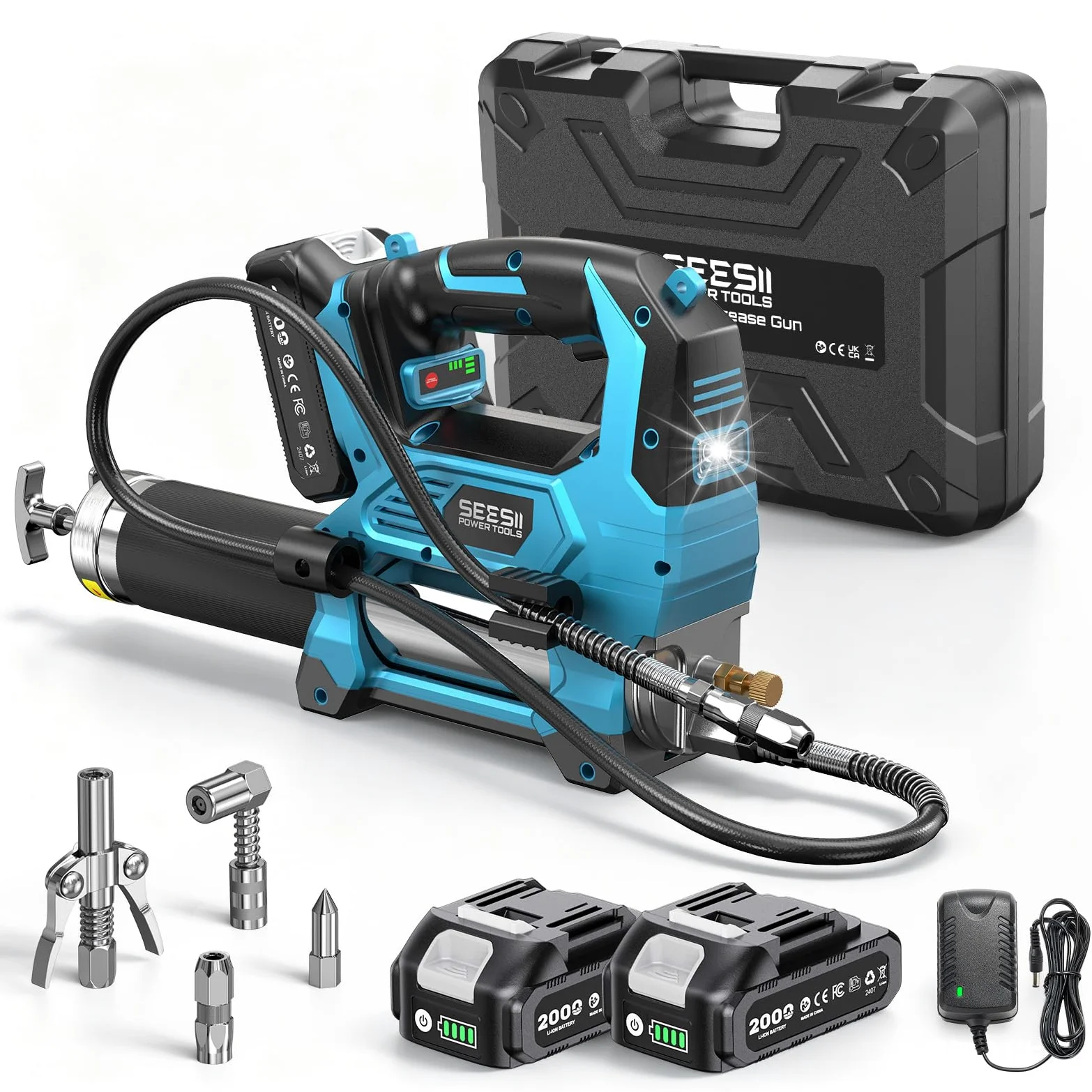 Seesii 12.000 PSI Engrasadora Batería con 2 Baterías, 3 Velocidades | Manguera de 1.2m, Acoplador de 90°, 3 Boquillas, Compatible con la batería Makita, Motor Brushless, para Equipos Pesados