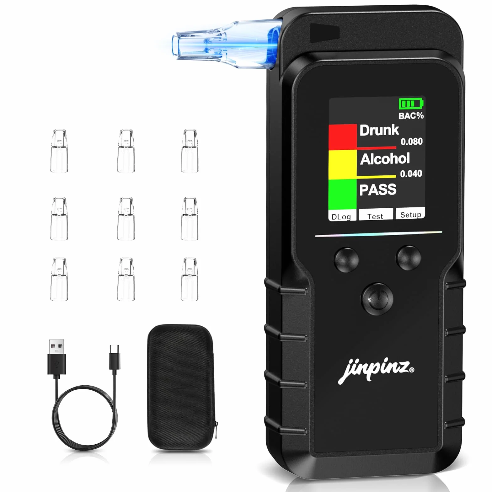 Alcoholímetro Digital Homologado Portátil con Sensor Electroquímico Recargable y 10 Boquillas