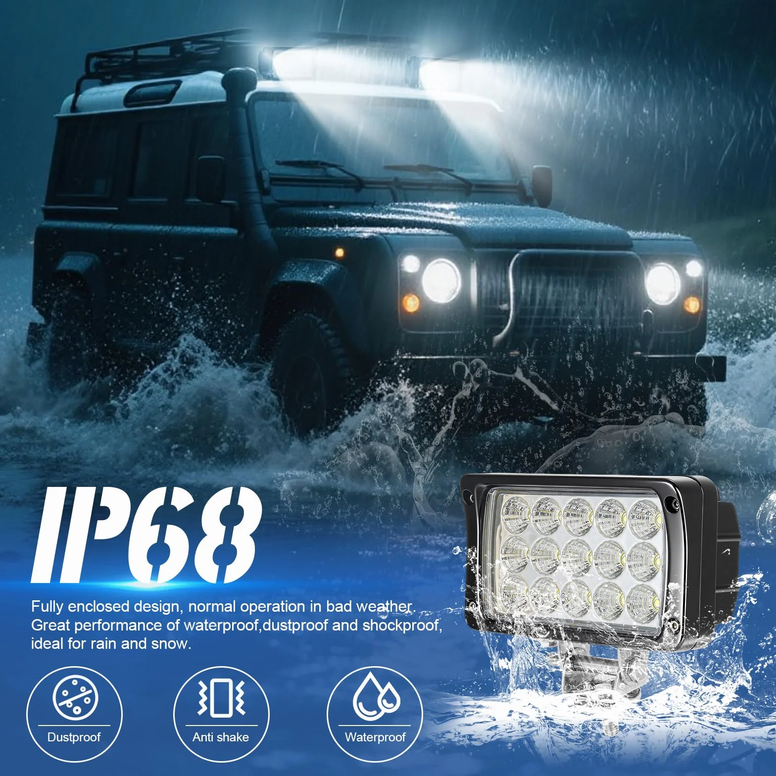 Faros Luz de Trabajo LED, 2 x 45W, 12 V 24 V, Rectangular Faros Adicionales,Impermeable IP68,Off-road Foco de Trabajo LED para Tractor, SUV, Coche