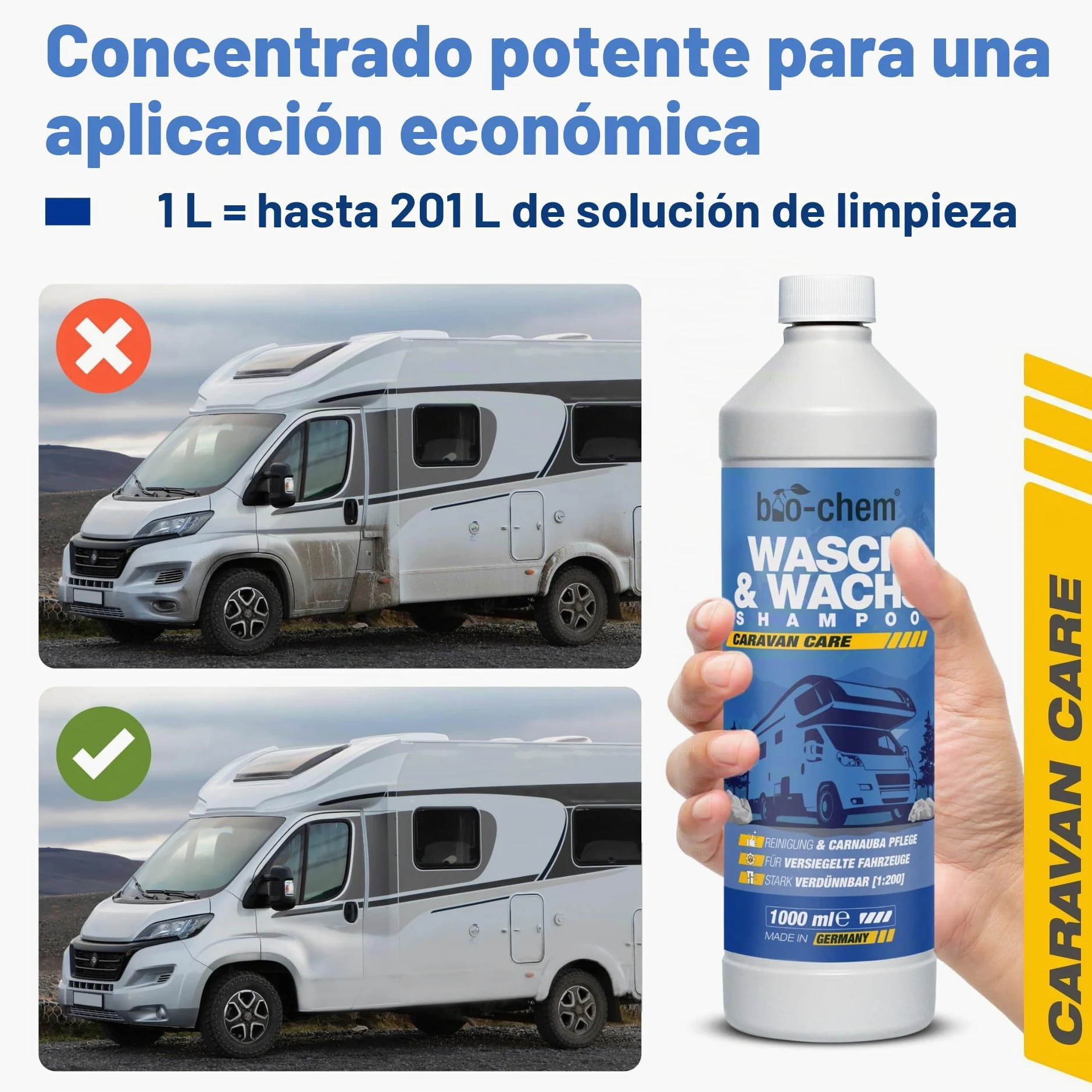 bio-chem Champú y cera para vehículos 1L + Pulverizador de espuma | Limpiador regenerador para plásticos con cera de carnauba, adecuado para la limpieza exterior de la carrocería de caravanas