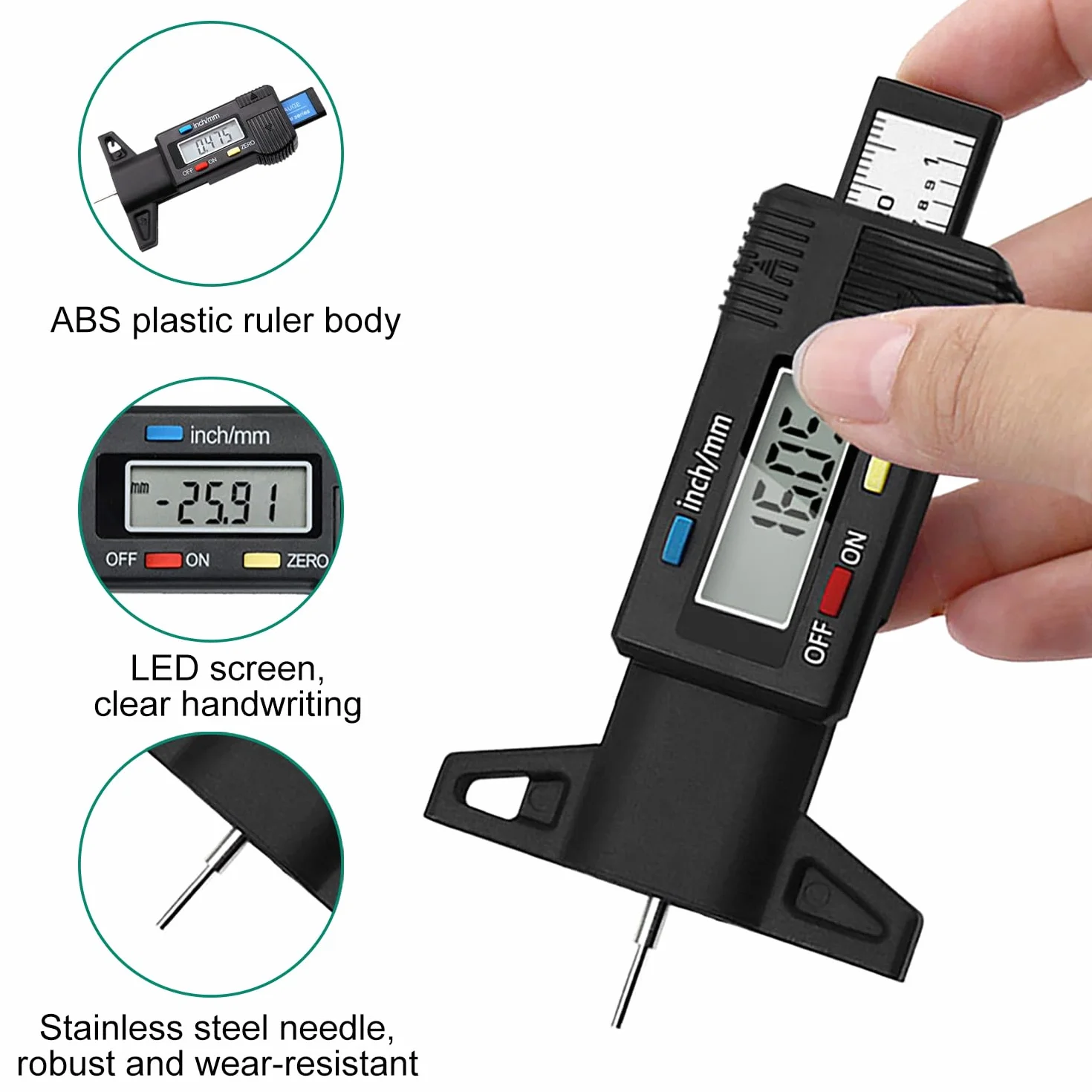 Medidor Digital de Profundidad de Perfil para Neumáticos, con Pantalla LCD, 0-25.4mm Profundidad Neumáticos, para Autos, Camiones, Motocicletas