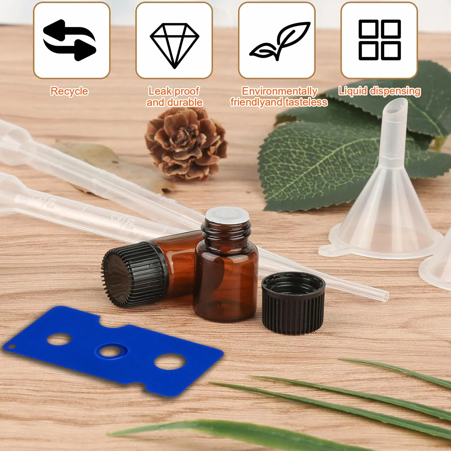 Mini Botellas de Aceite Esencial Vacías de Vidrio Ámbar 1ml, 100 pcs con Pipetas y Embudos