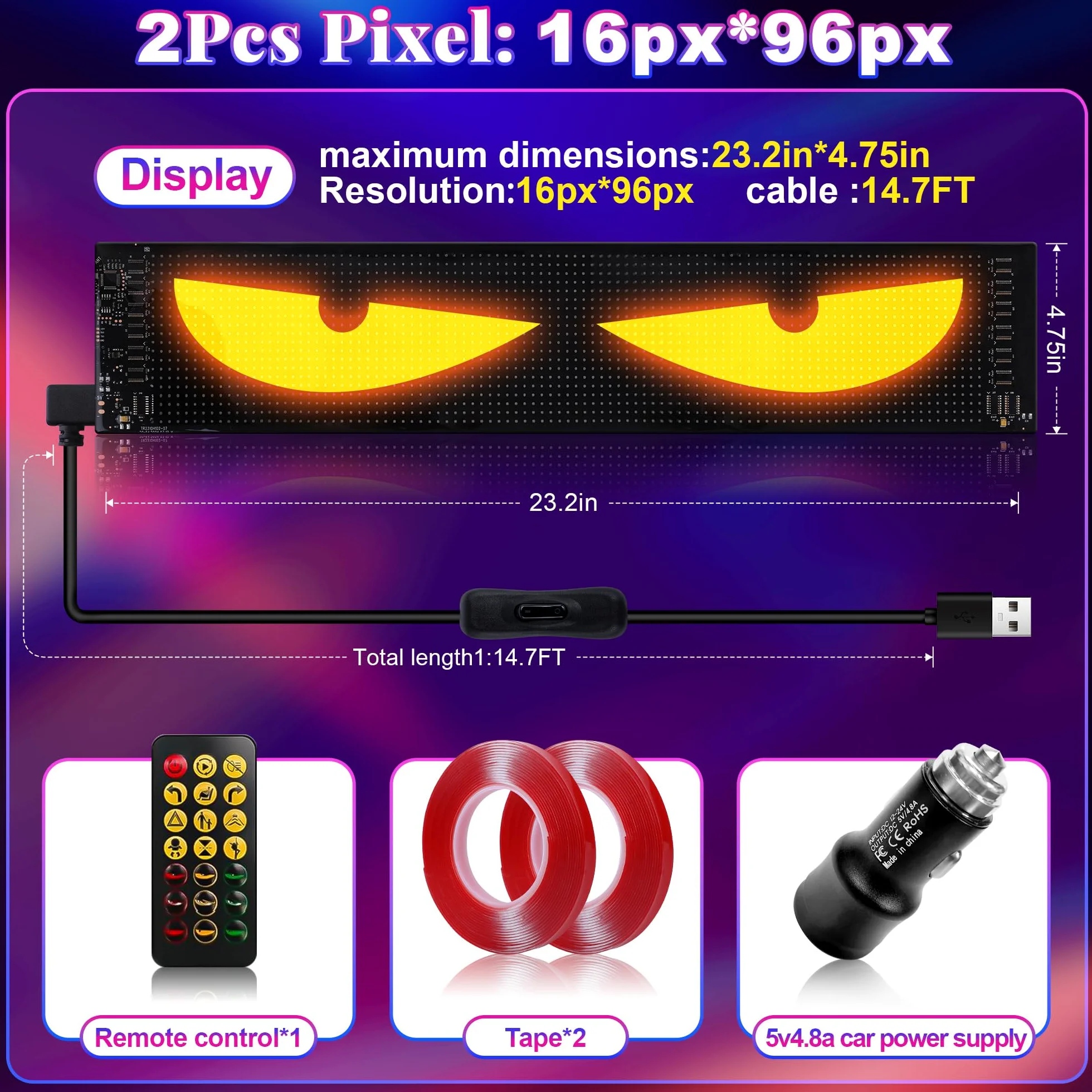 Sachie - 2 Tiras de luz LED, ojos de diablo para parabrisas de auto, camiones y camionetas, 23.6 x 4.73 pulgadas, personalizable, control en aplicación, IP68 impermeable, alimentado por USB