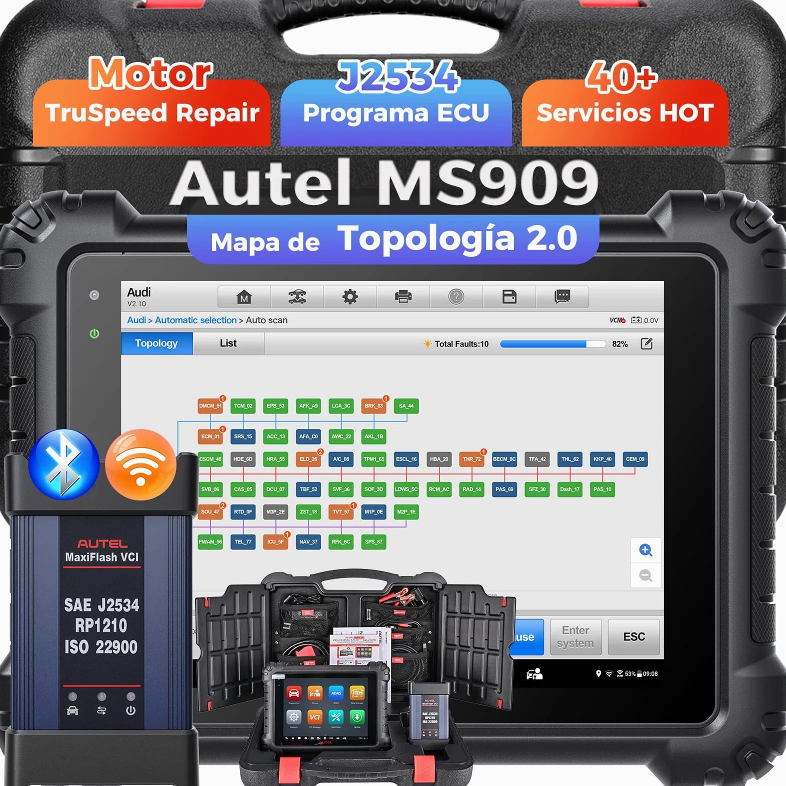 Autel MaxiSYS MS909 OBD2 Diagnosis Coche Multimarca,Inteligente | Actualización Elite II PRO/MS908S PRO II, programación ECU J2534, 40+ servicios, 3000+ pruebas activas, CAN FD DoIP