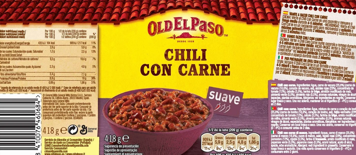 Old El Paso Chili Con Carne con Alubias Pintas y Ternera Picante Suave, 418g