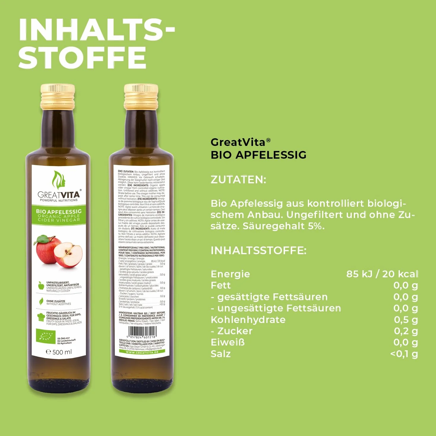 MeaVita Vinagre de Sidra Orgánico de Manzana Natural Turbio sin Filtrar 1000 ml (2 x 500 ml)