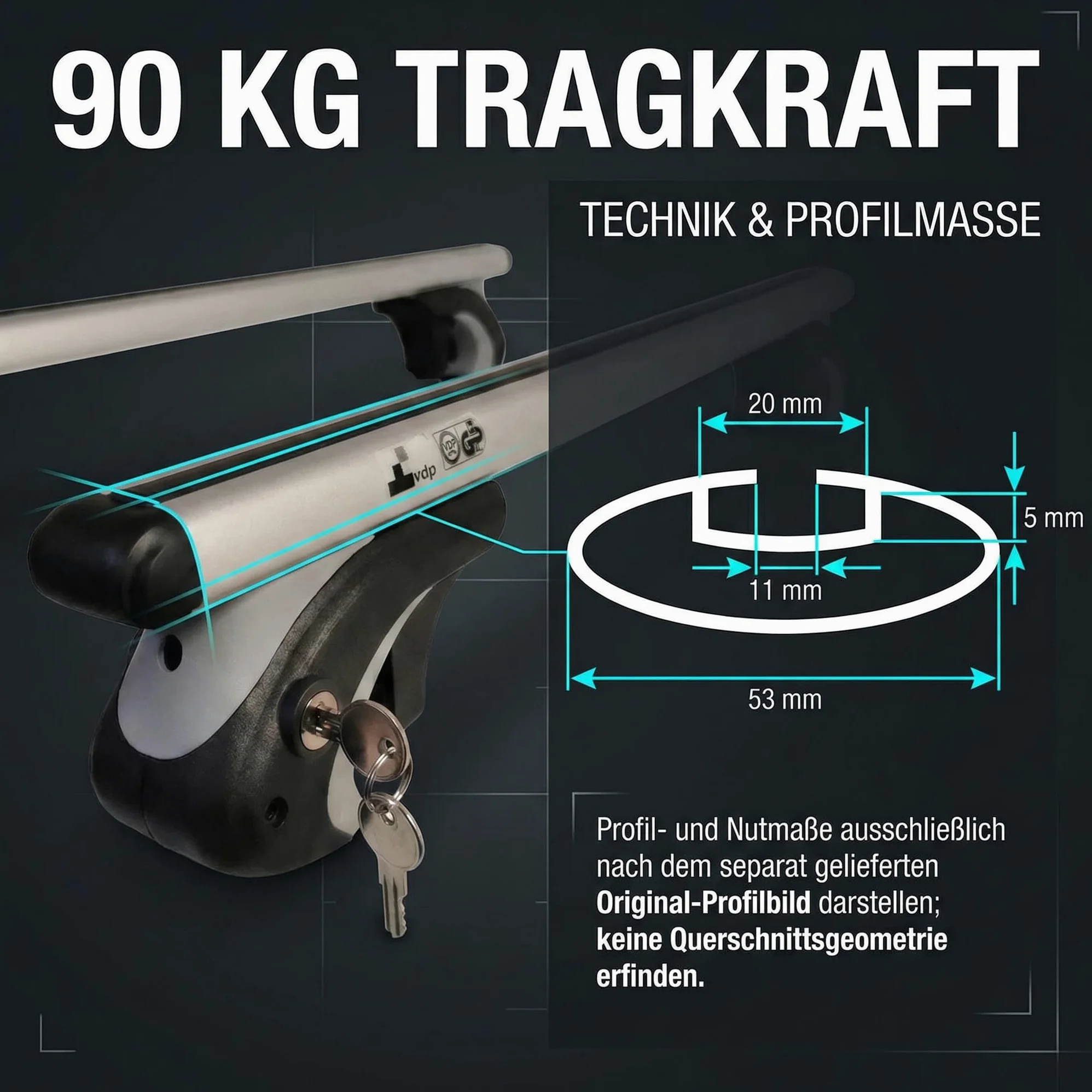 VDP-R-005-120 - Soporte básico para vehículos con rieles de techo, Longitud de la barra: 120 cm