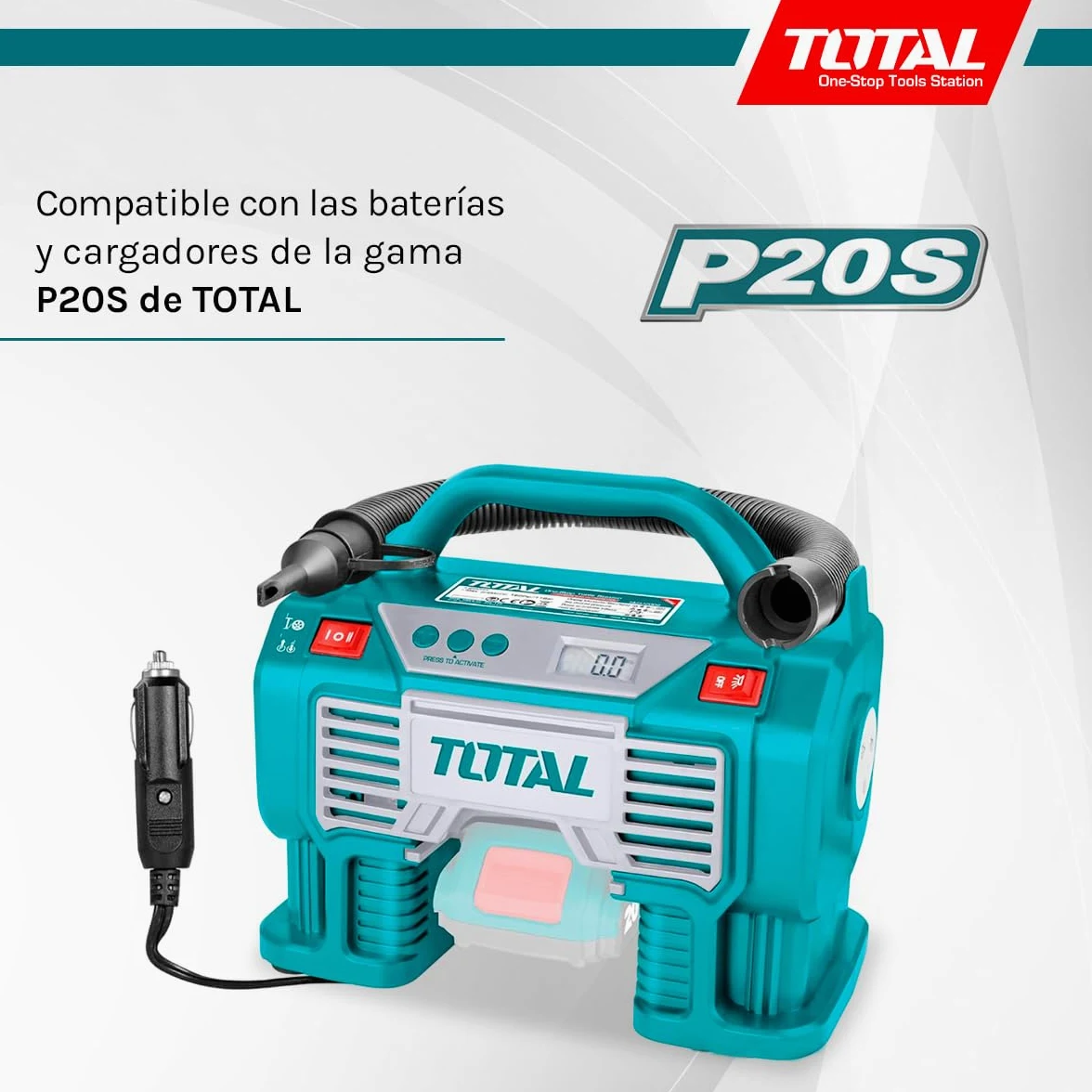 TOTAL - Compresor Híbrido a Batería P20S de 20 V - Bomba de Aire Eléctrica para Inflar Balones, Colchones y Neumáticos - Cargador de 12 V para Coche - Incluye Adaptadores
