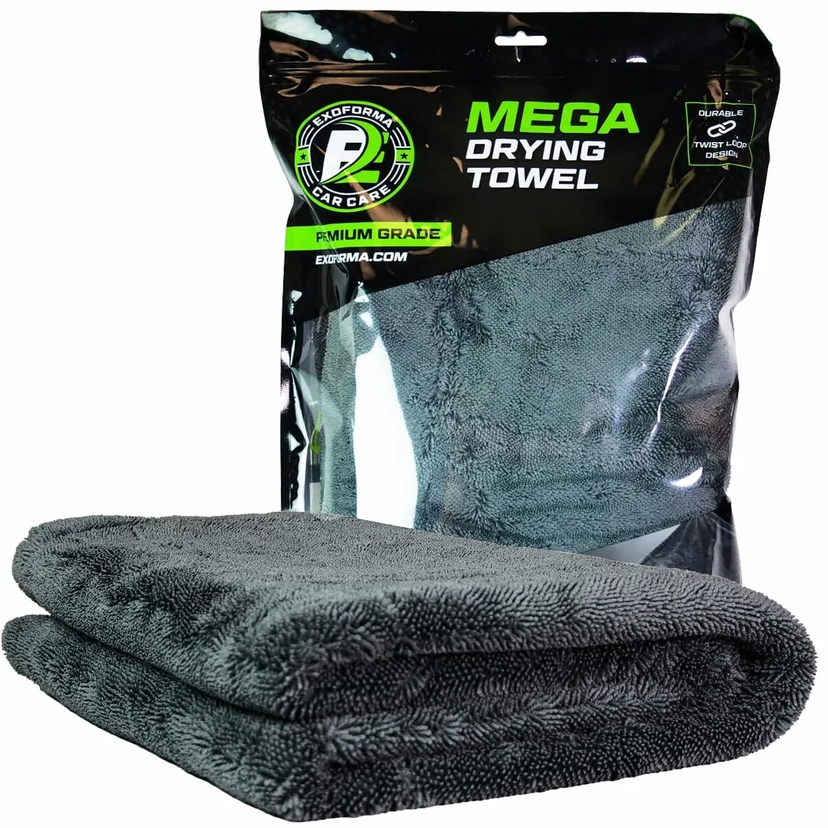 ExoForma Mega - Toalla de secado de coche de 2 unidades, sin rayas, arañazos o manchas de agua, microfibra grande de alta calidad de 1200 g/m², diseño de pelo de doble torsión y sin bordes para 1