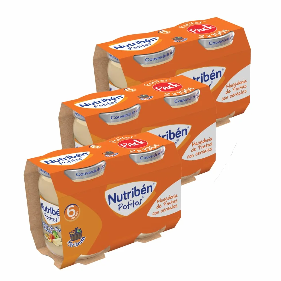 Nutribén Potitos Macedonia de Frutas con Cereales Pack 6 x 190g Bebés 6 Meses Sin Azúcares Añadidos