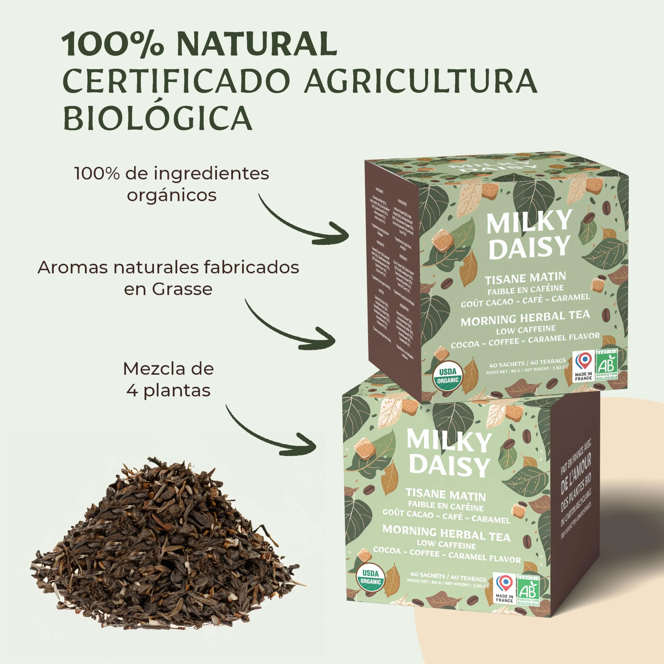 Milky Daisy Té Matutino Orgánico Sustituto del Café Sabor Cacao Café Caramelo Energizante Bajo en Cafeína 40 Bolsitas