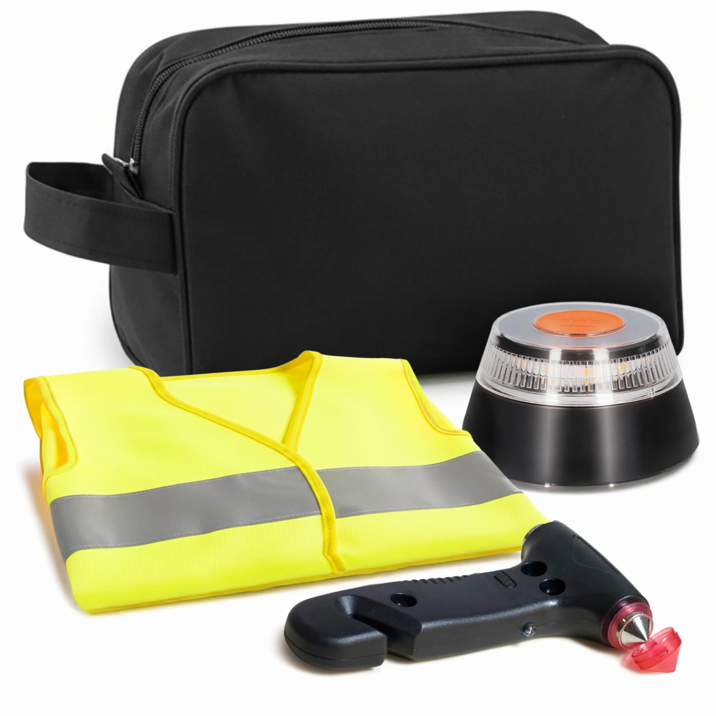 Kit Emergencia y Seguridad para Coche con Luz V16 Geolocalizada Homologada DGT 2026, Chaleco Reflectante, Martillo Multifunción, Cuchilla Cortacinturones, Linterna LED y Neceser Compacto