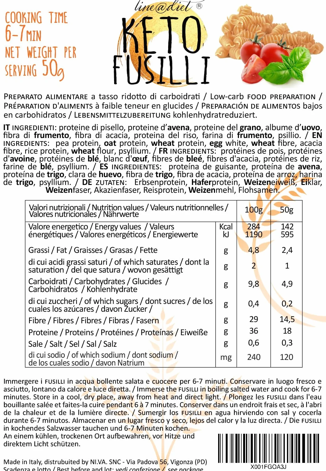FUSILLI KETO Line@diet Fusilli Cetogénico 7x50g 350g Bajo en Carbohidratos 0.2g Azúcar Rico en Fibra y Proteínas