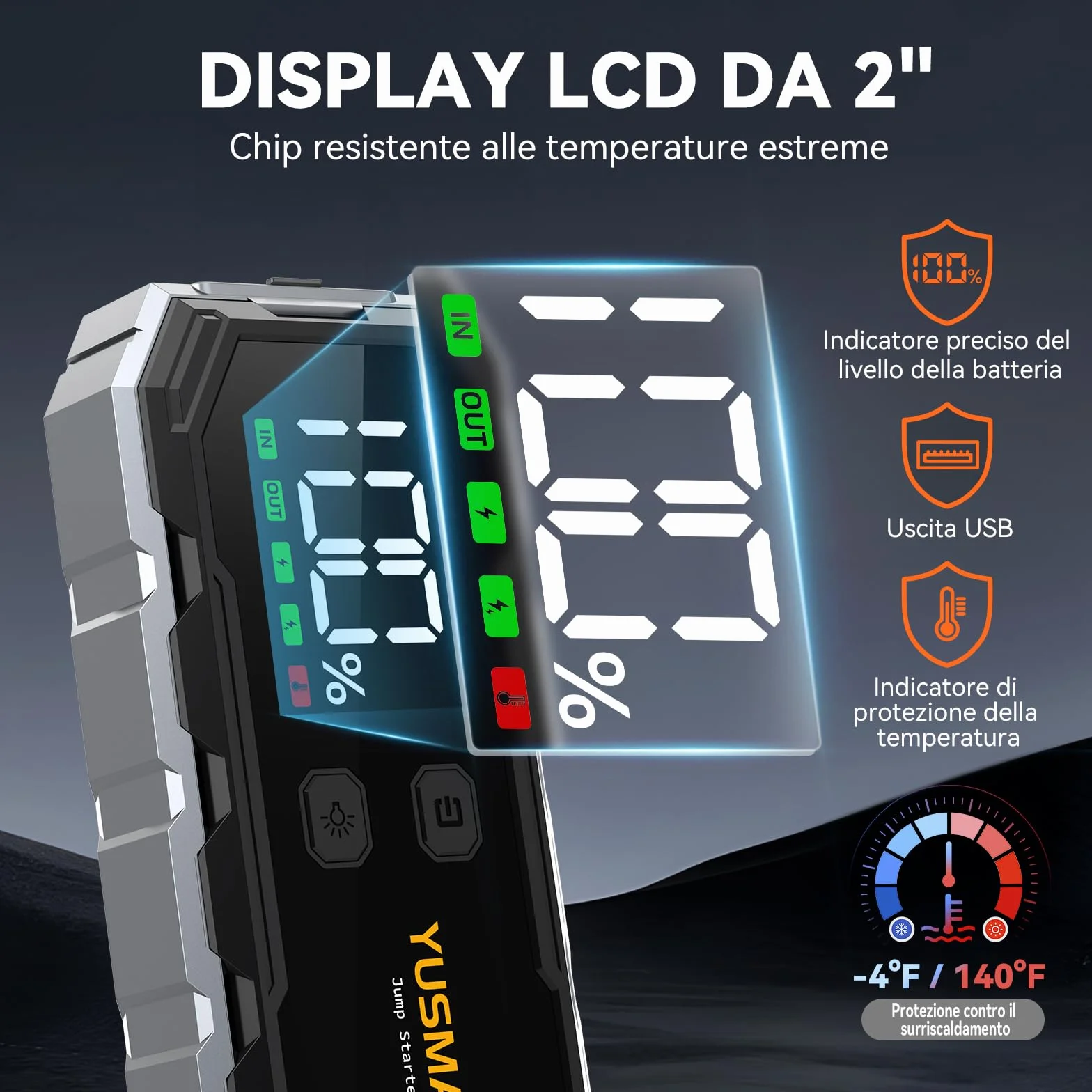 YUSMAN Arrancador de Coche, 10000A Arrancador de Baterias de Coche,12V Arrancador de Portátil con para All Gasolina o 10L Diesel, Linterna LED de Emergencia,Carga Rápida, Pantalla LCD Extragrande
