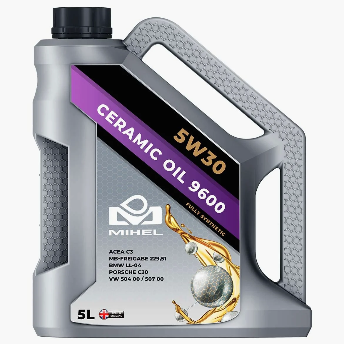 MIHEL Aceite de motor 5W-30 Ceramic Oil ACEA C3 9600 5L Compatible con VW Polo V Hatchback 6R1, 6C1 up! Hatchback 121, 122, BL1, BL2, BL3, 123 Golf 7 Hatchback 5G1, BQ1, BE1, BE2, TOYOTA, SKODA
