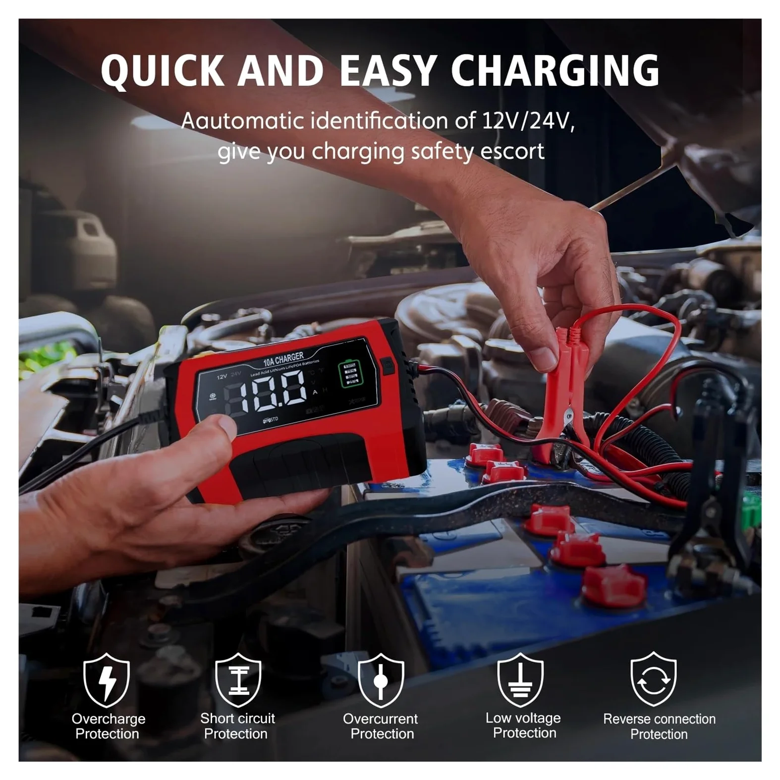 Cargador De Batería De Coche De Reparación Inteligente Universal De 12V 24V 10A, Cargador De Reparación For Batería De Plomo Ácido AGM GEL LiFePO4(10A UK Plug)