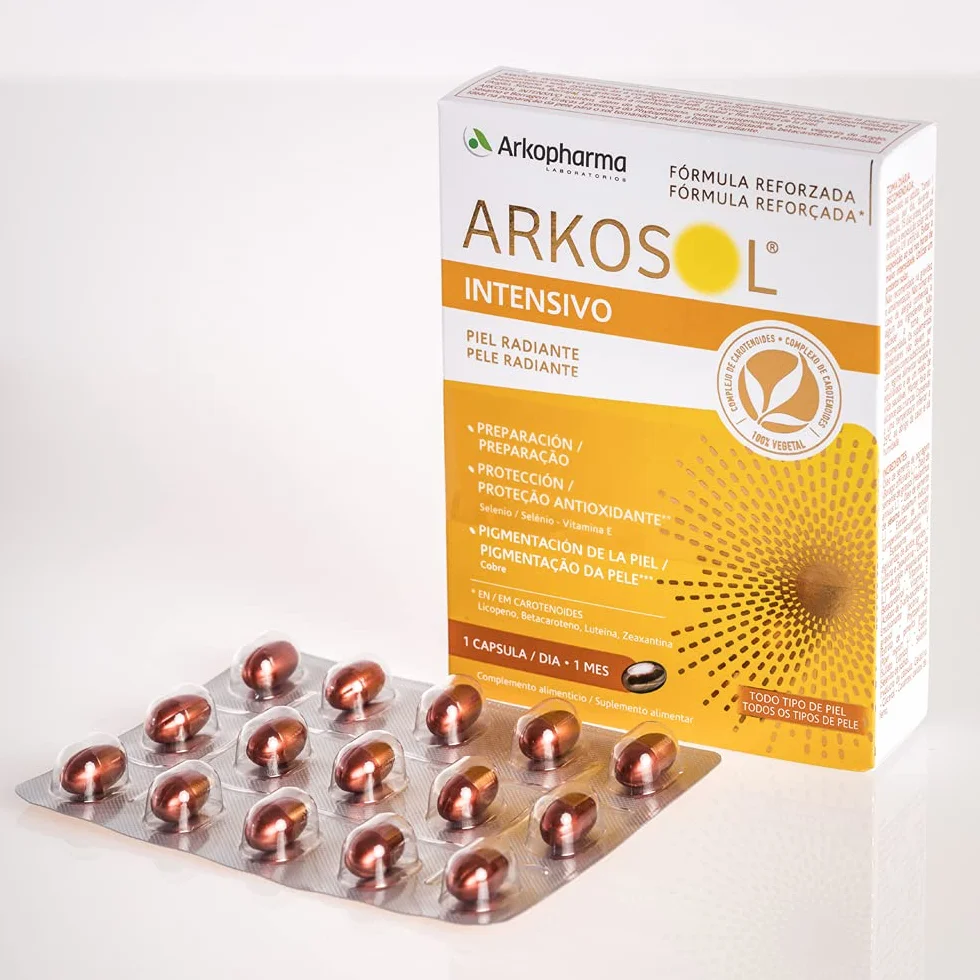Arkopharma Arkosol Intensivo 30 Perlas Betacarotenos Cobre Vitamina E Selenio Complemento Alimenticio Preparar Piel para el Sol