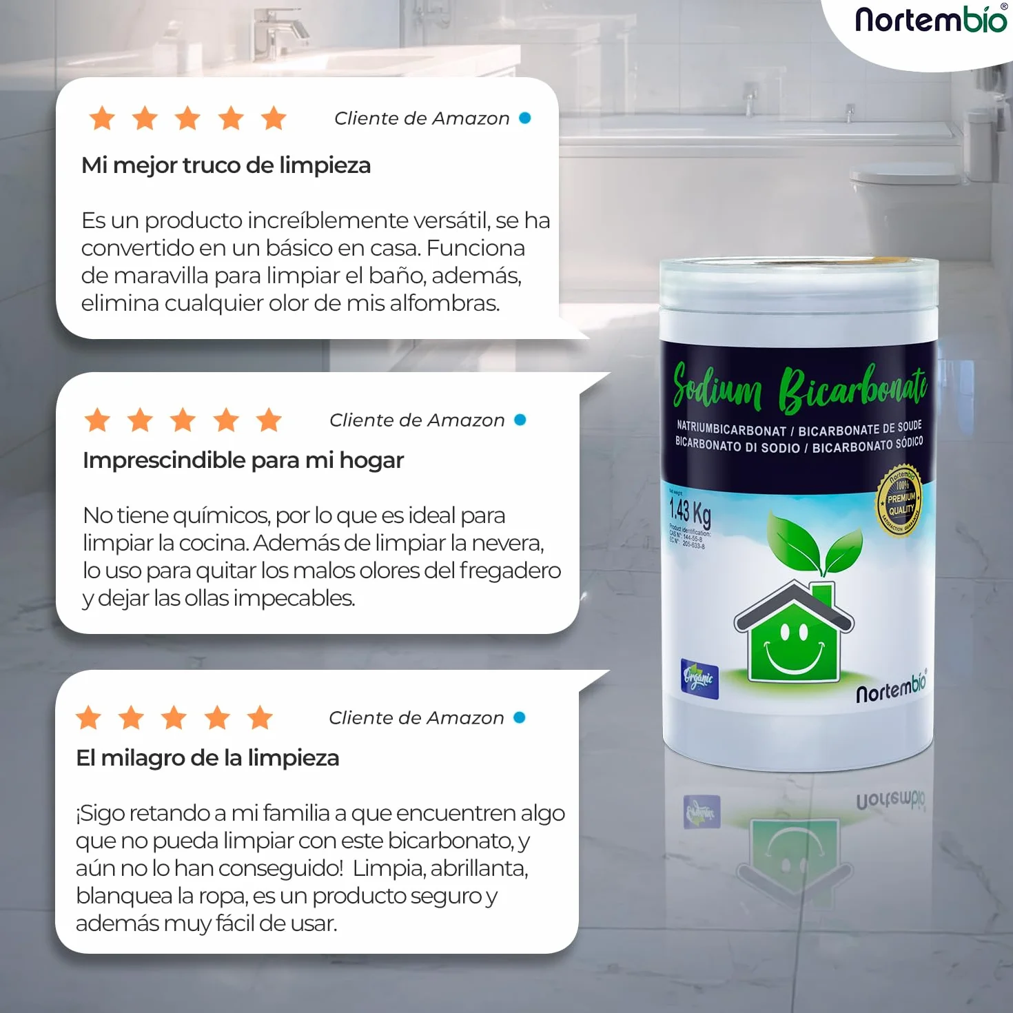 Nortembio Bicarbonato de Sodio Sin Aluminio 850 g Natural Limpieza Multiusos