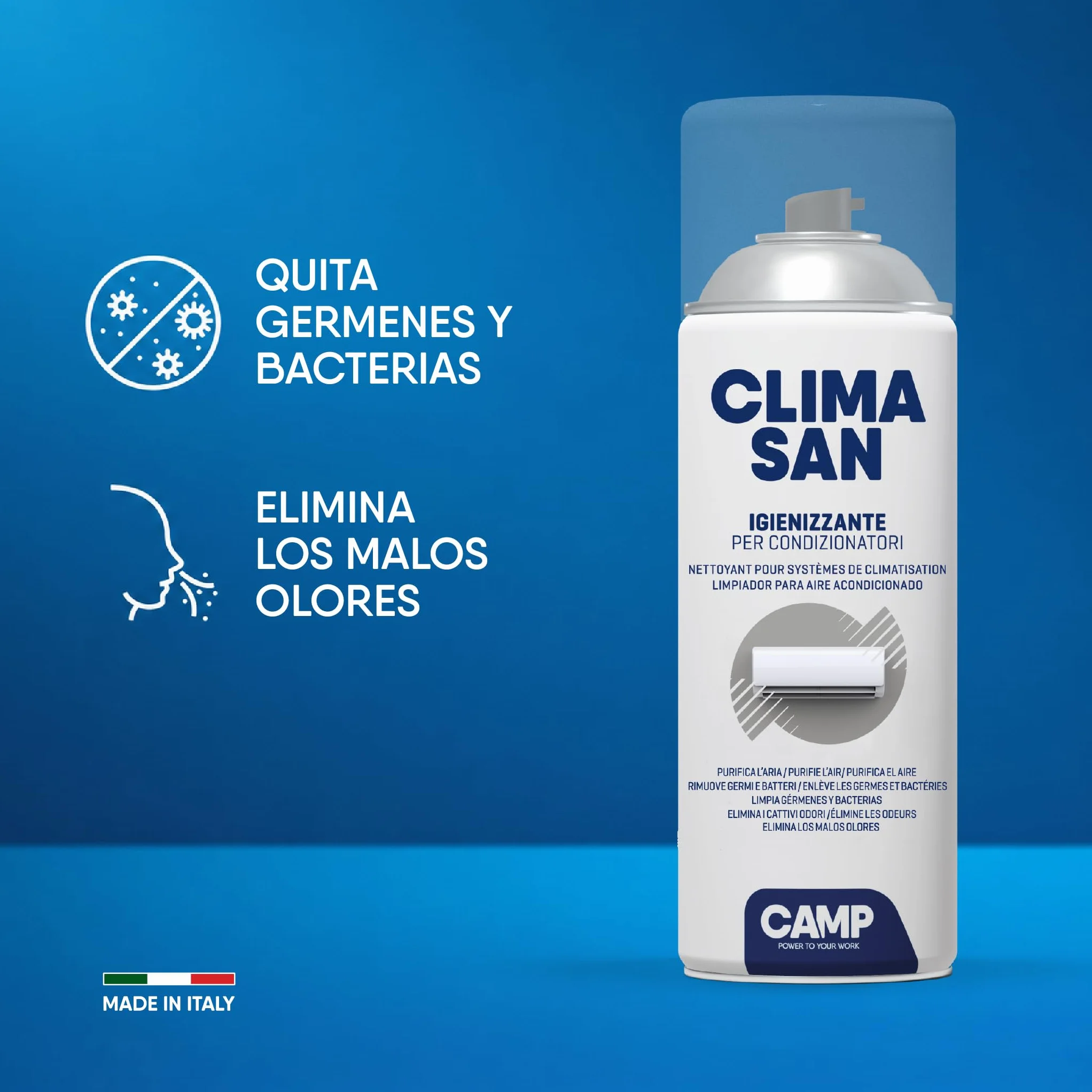 CAMP Climasan Limpiador – Limpiador Aire Acondicionado Casa, Spray para Climatizador Ideal para Remover Gérmenes y Bacterias, Limpieza Aire Acondicionado a Acción Purificadora, Made in Italy, 400 ml