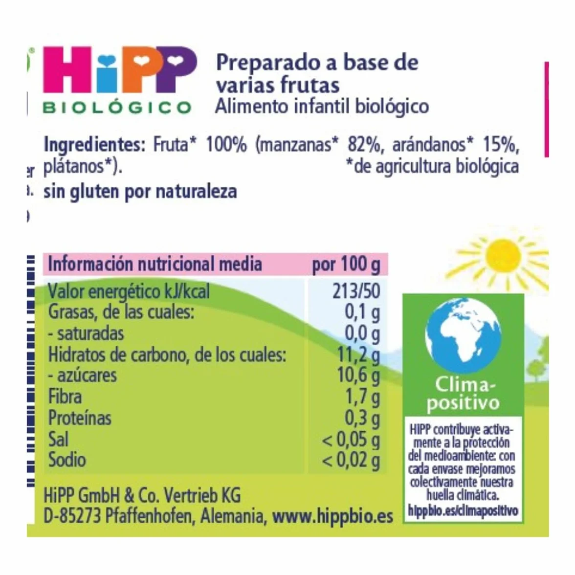 HiPP Biológico Papilla Mis Primeras Frutas Manzana con Arándano y Plátano BIO Pack 6x190g Sin Gluten Lactosa Azúcares Añadidos Apto 4 Meses