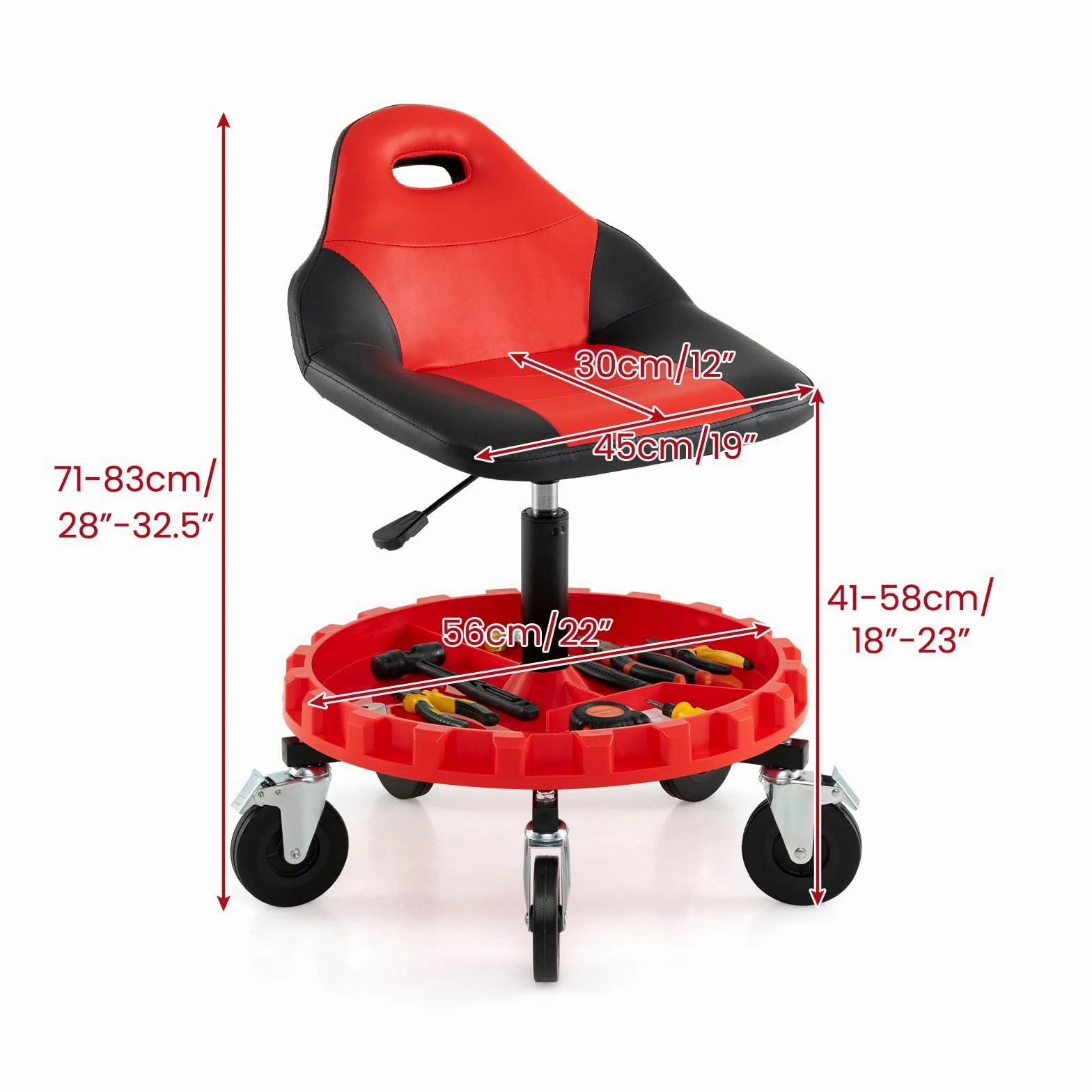 GYMAX Taburete de Taller, Taburete Mecánico con Asiento Aolchado Giratorio, Altura Ajustable, Bandeja para Herramientas, 5 Ruedas Universales, Asiento Rodante para Garaje Reparación Carga 150 kg