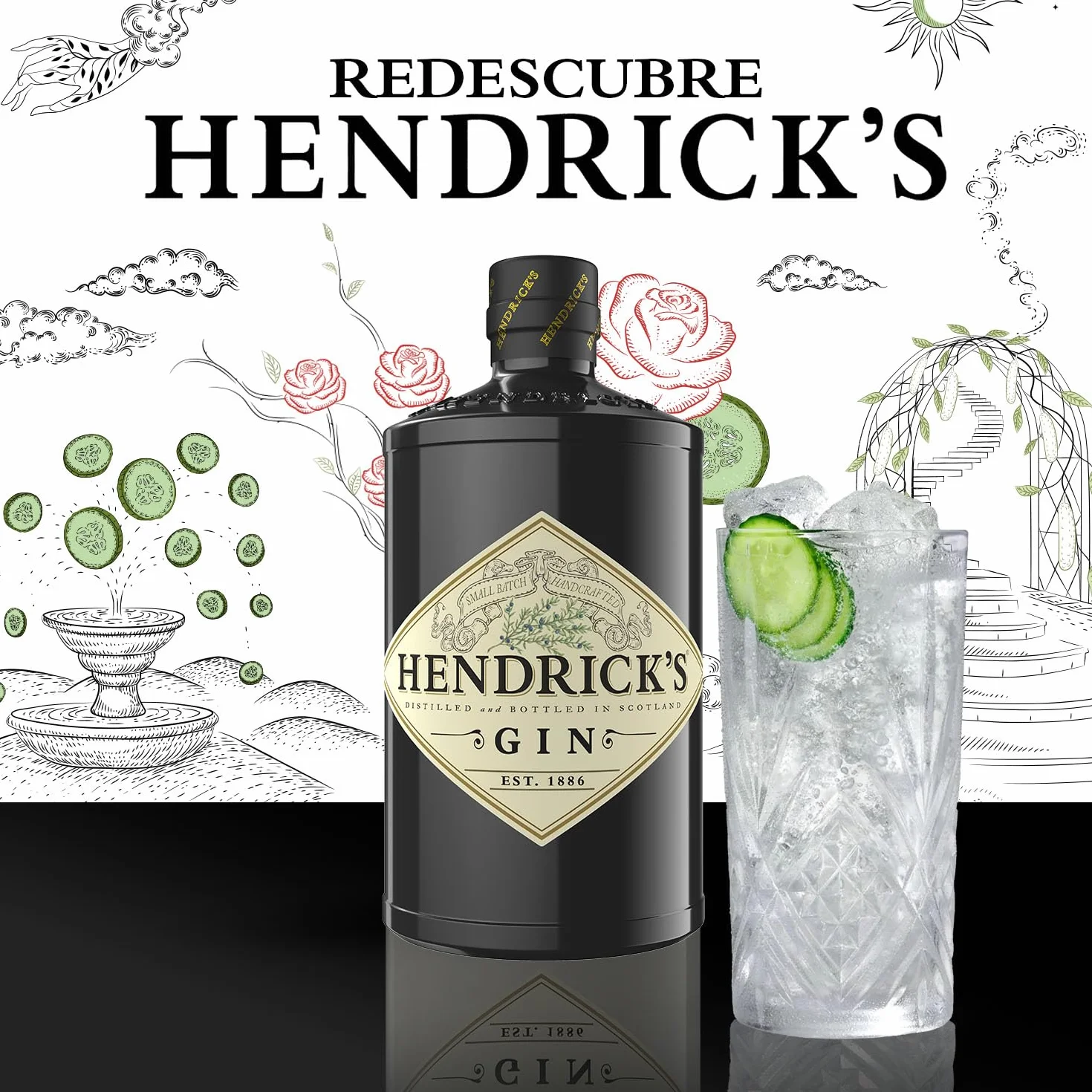 Hendrick's Gin Ginebra superpremium infusionada con pepino y rosa 41,4% vol. 70 cl