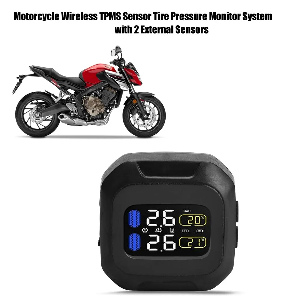 de monitorización de presión de neumáticos TPMS inalámbrico, de monitorización de presión de neumáticos con sensor TPMS inalámbrico de motocicleta con 2 sensores externos