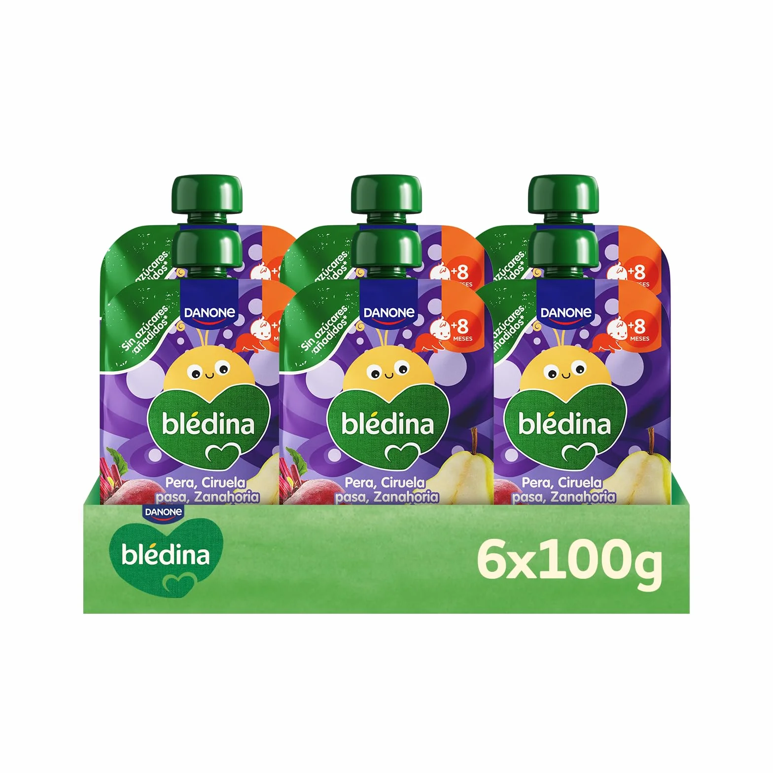 Blédina Bolsitas de Pera, Ciruela pasa, Zanahoria y Remolacha para Bebé Pouch 100% Fruta y Verdura Sin Azúcar Añadido Alto Contenido Vitamina C Fuente de Fibra Pack 6x100g