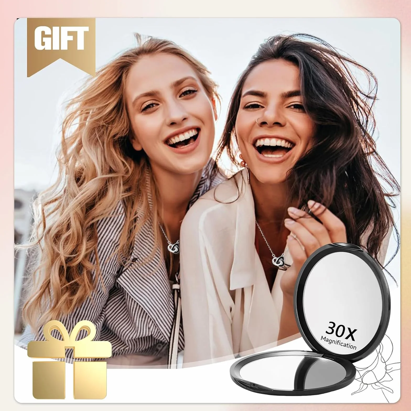 Espejo de Bolsillo Compacto con Aumento 1X/30X, Ideal para Viajar, Espejo de Maquillaje (Negro)
