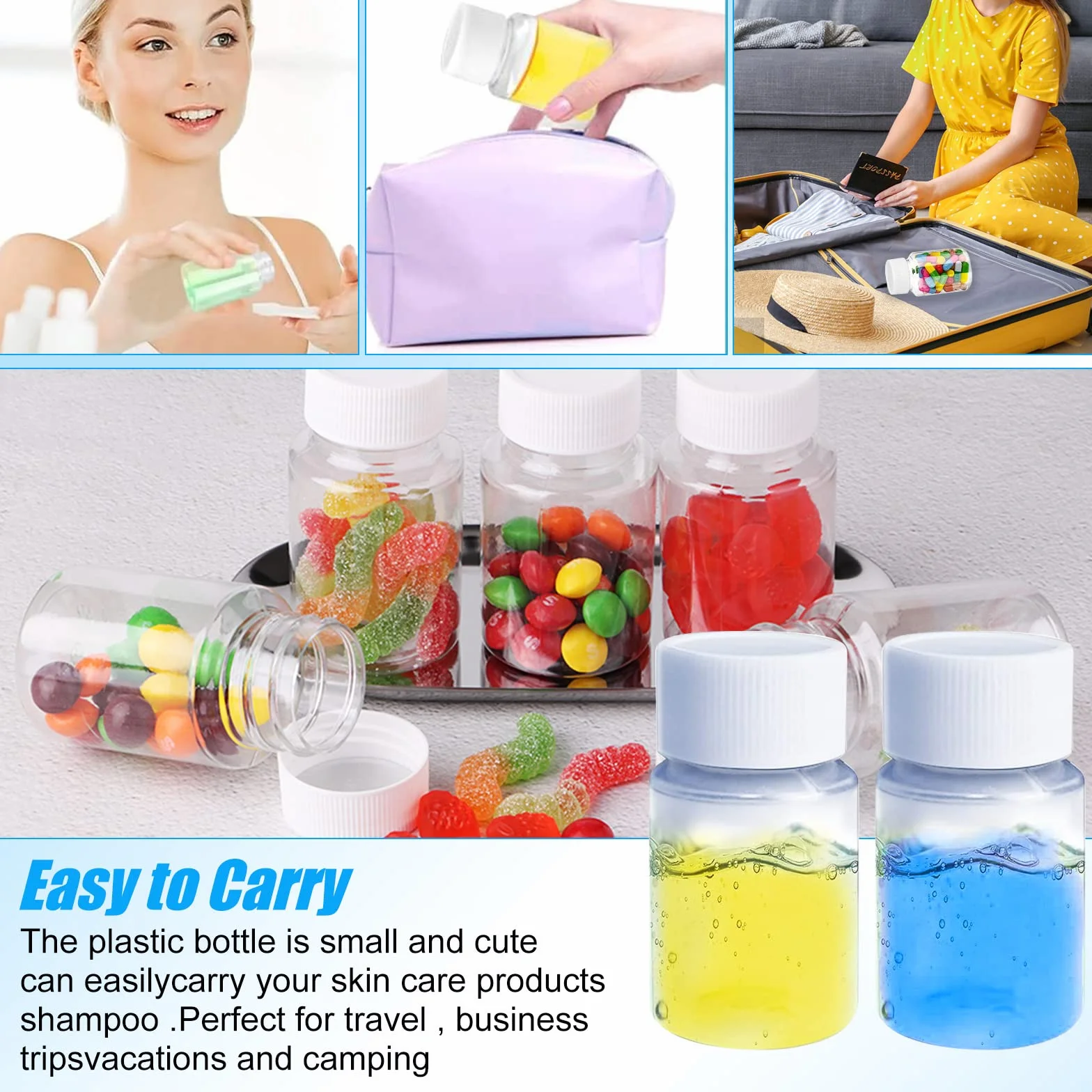 Botella Plastico Transparente 20ml con Tapón de Rosca para Cosméticos, Viajes, Champú, Loción