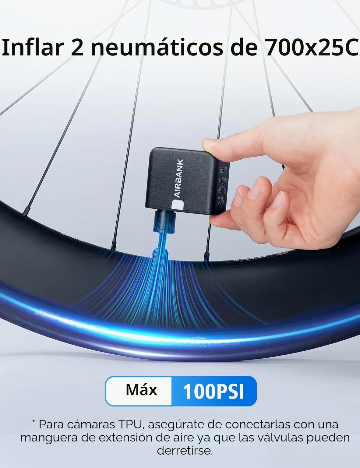 AIRBANK Bomba de Aire de Pocket para Bicicleta, Bomba eléctrica de Bicicleta, Mini compresor de batería, 97 Gramos, 100 PSI, pequeña Bomba de Bicicleta, para Todas Las Bicicletas