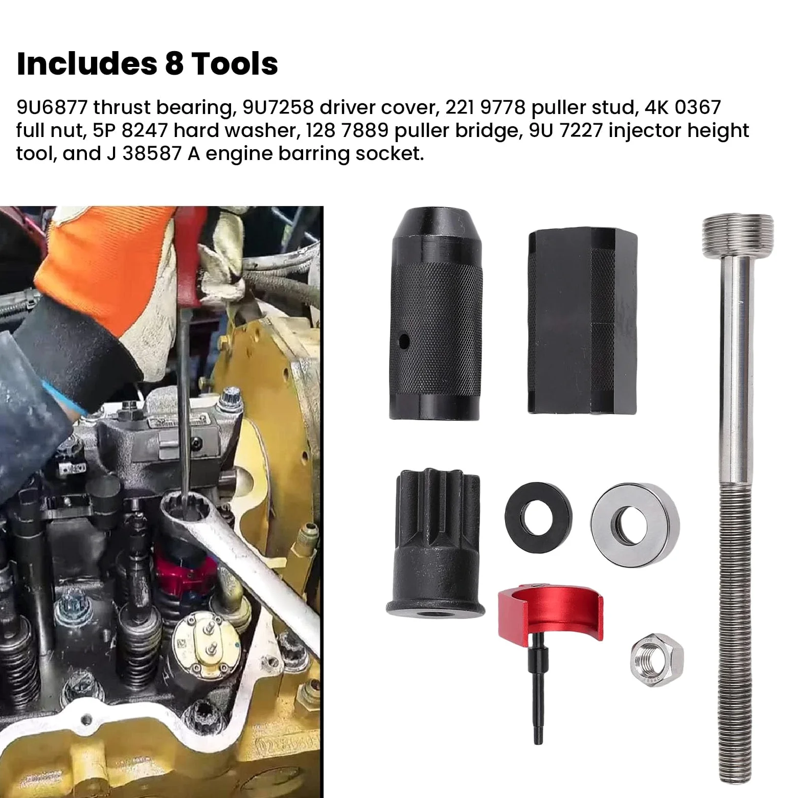 VGEBY Juego de Instalador de Removedor de Manga de Inyector, Kit de Herramientas de de Inyector Billet de Acero y Aluminio de 8 Piezas, Puente Extractor y Casquillo de Barra de Motor para Mecánica CAT