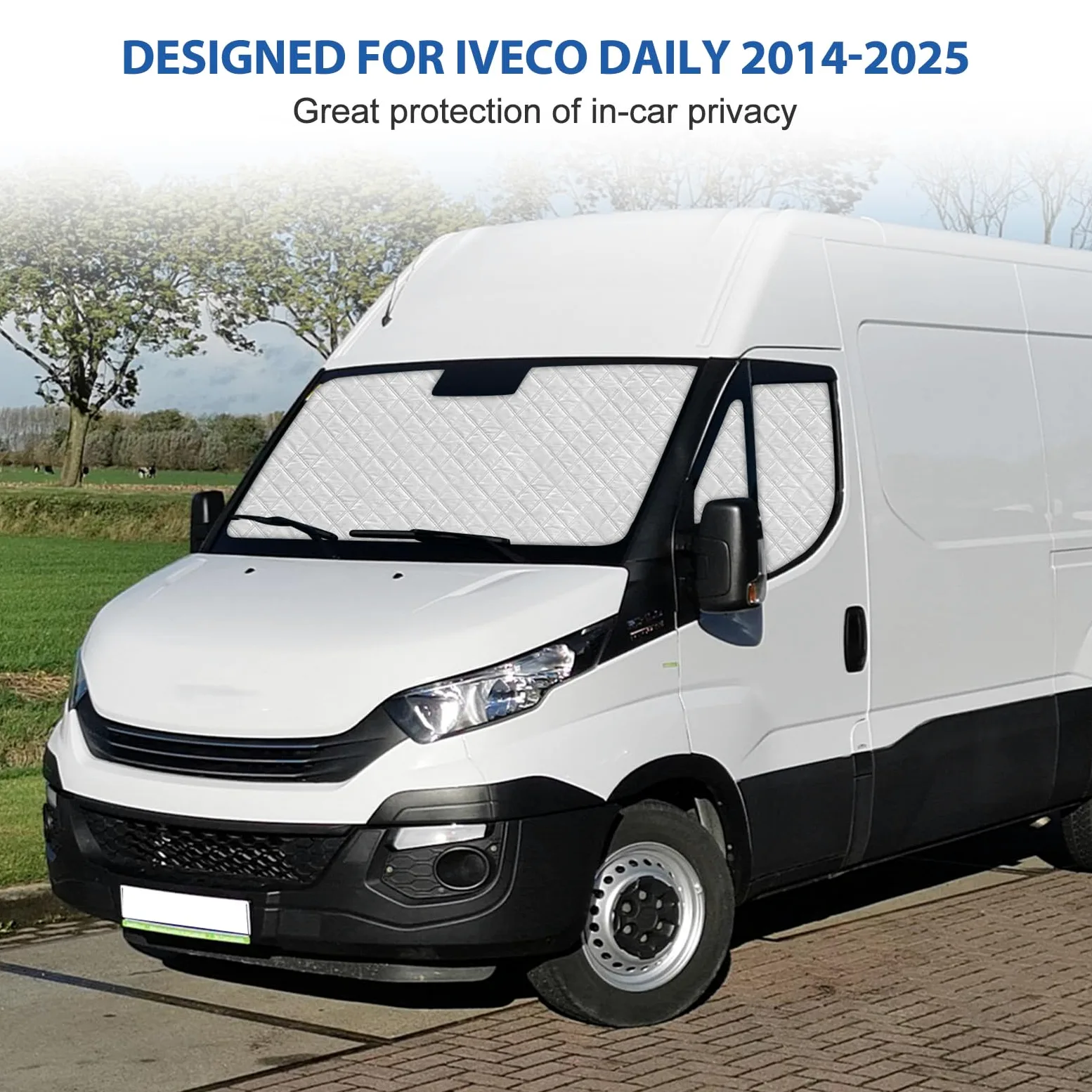 Parasol para Parabrisas Reemplazo para Iveco Daily 2014-2026, 3 Piezas Protector de Parabrisas, Juego de Parasol Térmico Interno con Bolsa de Almacenamiento, 100% Oclusión | Juego de 5 piezas de protección para parabrisas de oscurecimiento, persianas térm