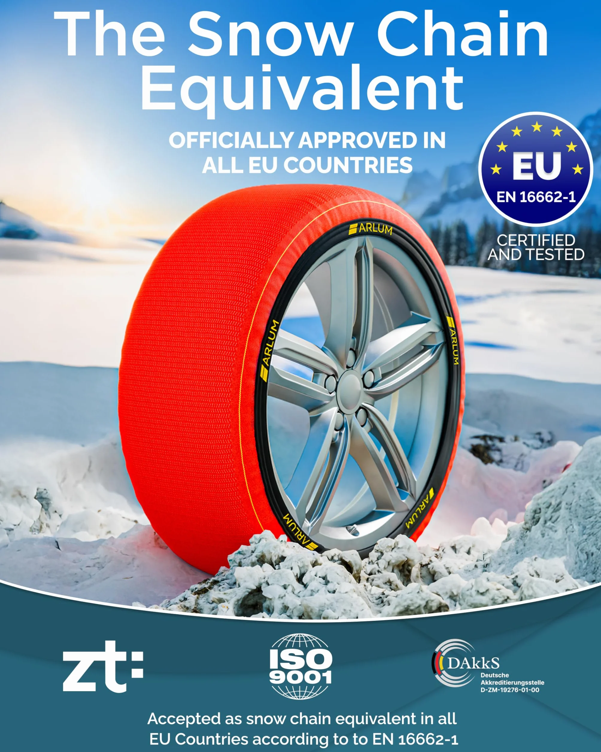 ARLUM Fundas Rueda Nieve para Coche Homologado EN 16662-1 - Dos Cadenas Nieve de Tela para Coche. Snow Sock Talla XL para R14-R22 (Tamaños de Neumáticos Detallados en el Interior) (Control, XL)