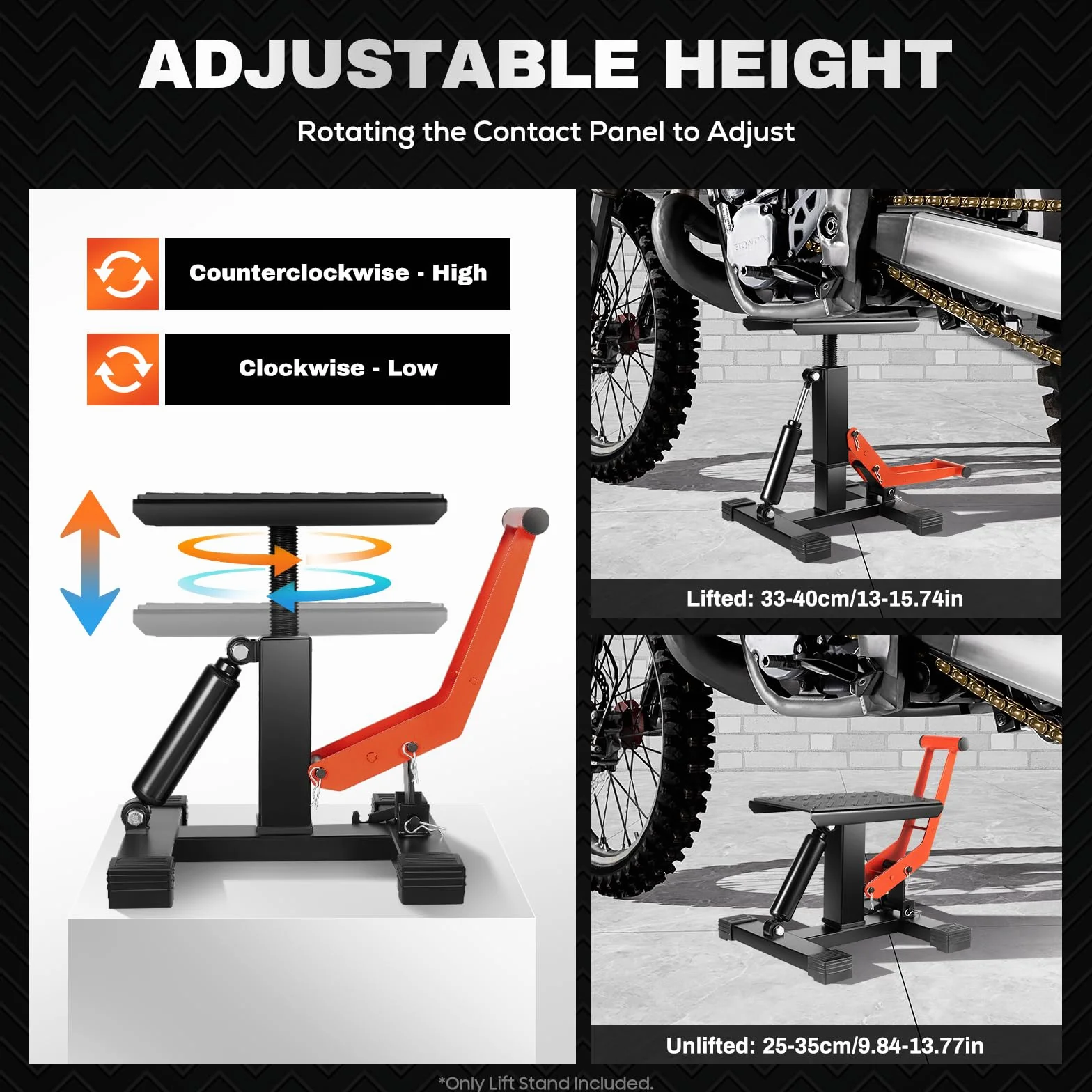 Plataforma elevadora hidráulica para motocicleta – Altura ajustable hasta 400 kg, base en forma de H con almohadilla de goma para motos todoterreno