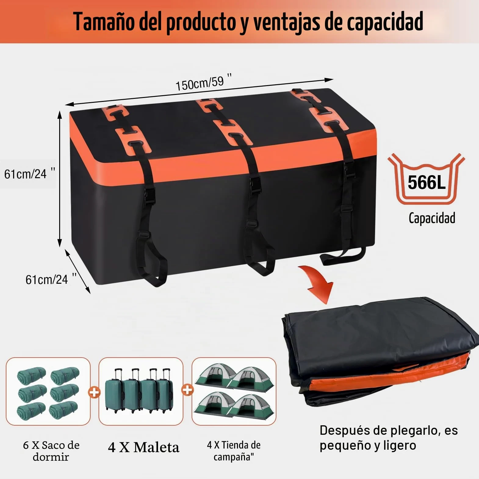 Cofre de enganche Cofre de techo para coche, cofre trasero para enganche de remolque, 566 l, revestimiento 600D, en PVC, caja de equipaje, impermeable, irrompible, plegable