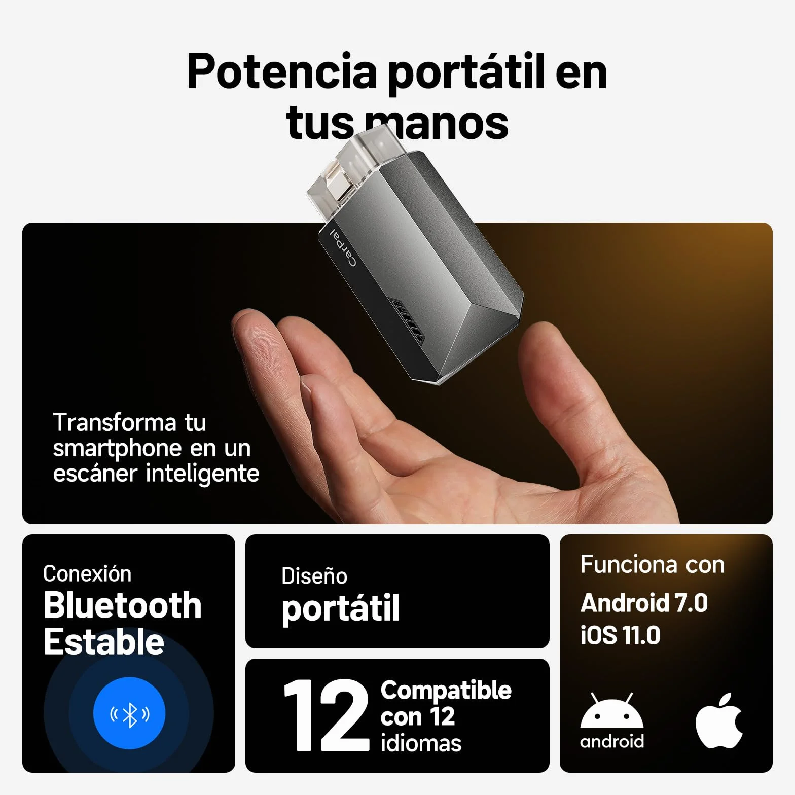 TOPDON Carpal-A OBD2 Diagnosis, Bluetooth Diagnosis Coche Multimarca,Diagnóstico de Todos los Sistemas, 6 Servicios Reset, AutoVIN, Smog Check, Guía de Reparación, Inspección del Motor