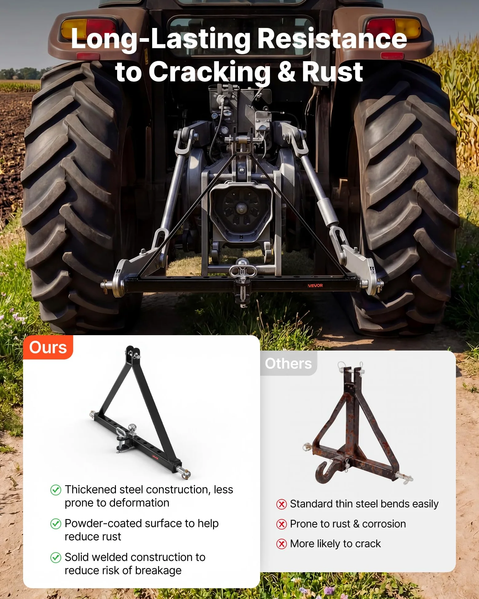 VEVOR Enganche de Remolque de 3 Puntos, Adaptador de Acoplamiento con Enganche de Cabeza Esférica, Compatible con Tractores de Categoría 2 de Kubota Mahindra Ford Yanmar John Deere Massey Ferguson