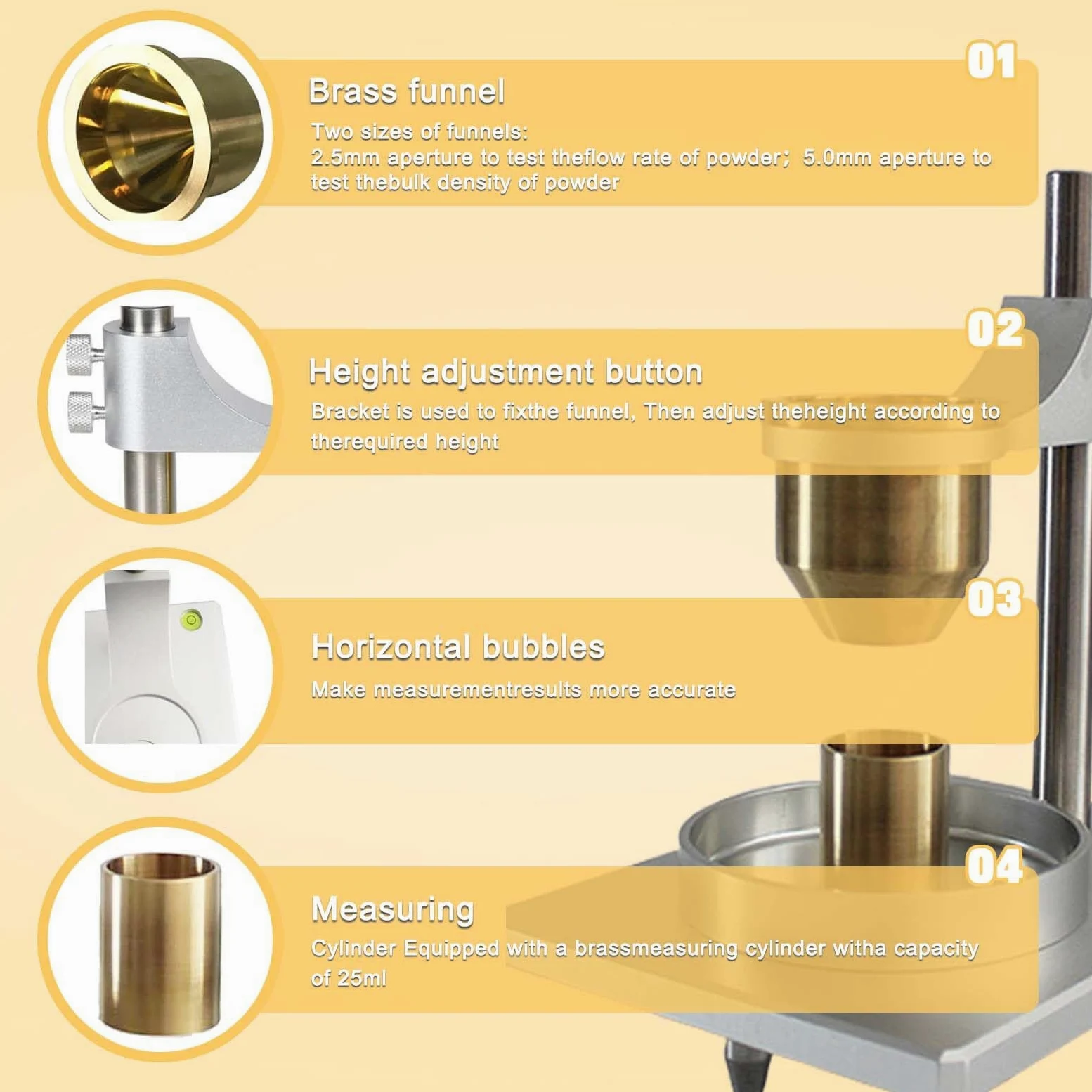 Medidor de Densidad Aparente Hall Flowmeter, Tamaño Pequeño y Fácil de Transportar con Soporte de Altura Ajustable para Probar el Flujo y la Densidad aparente de Polvos Metálicos