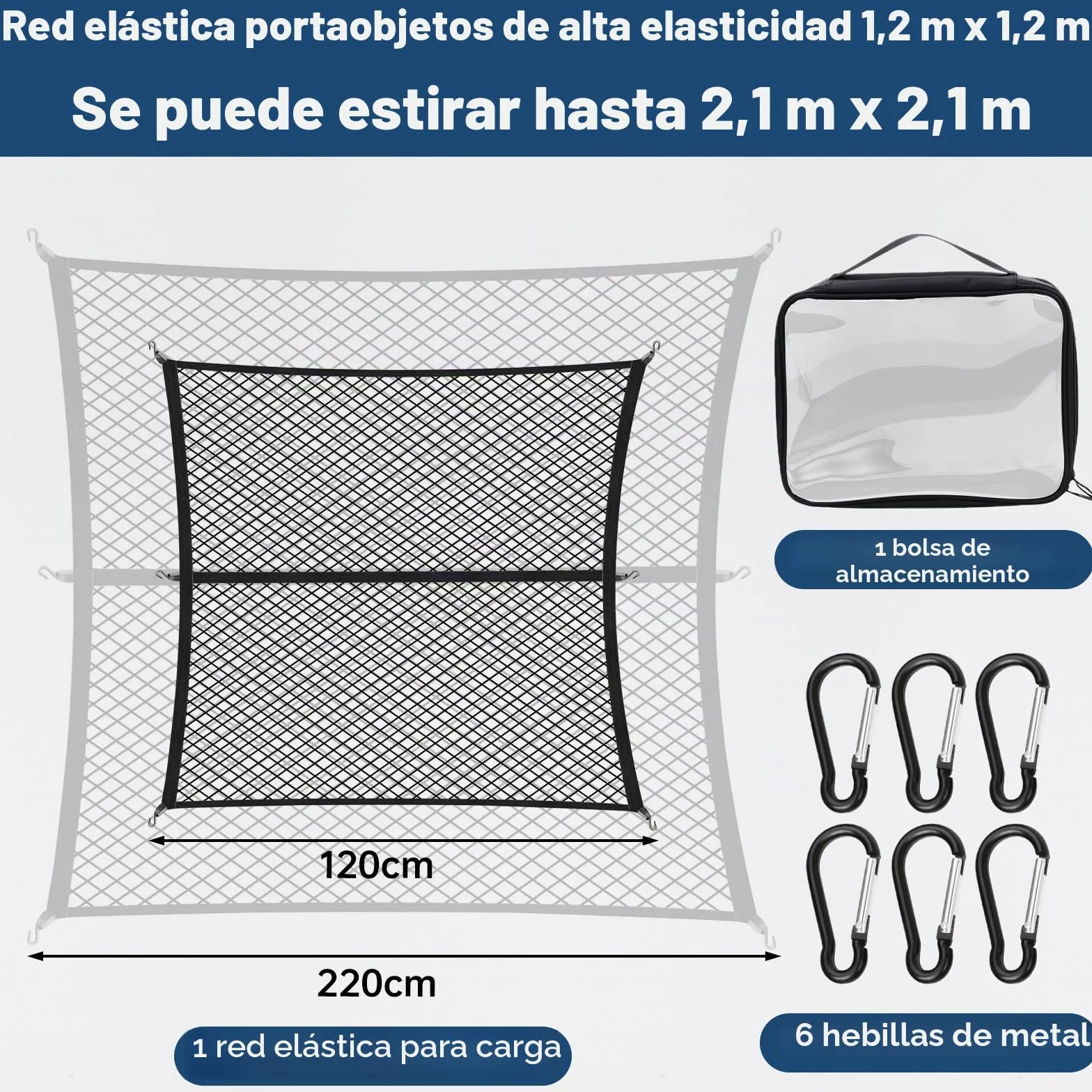 Red de Carga Altamente Elástica, Red Grande para Maletero de Coche 120x120cm, Puede Extender a 210×210cm, Organizador de Malla de Carga para camión, con 6 Mosquetones, para SUV Camionetas Carro