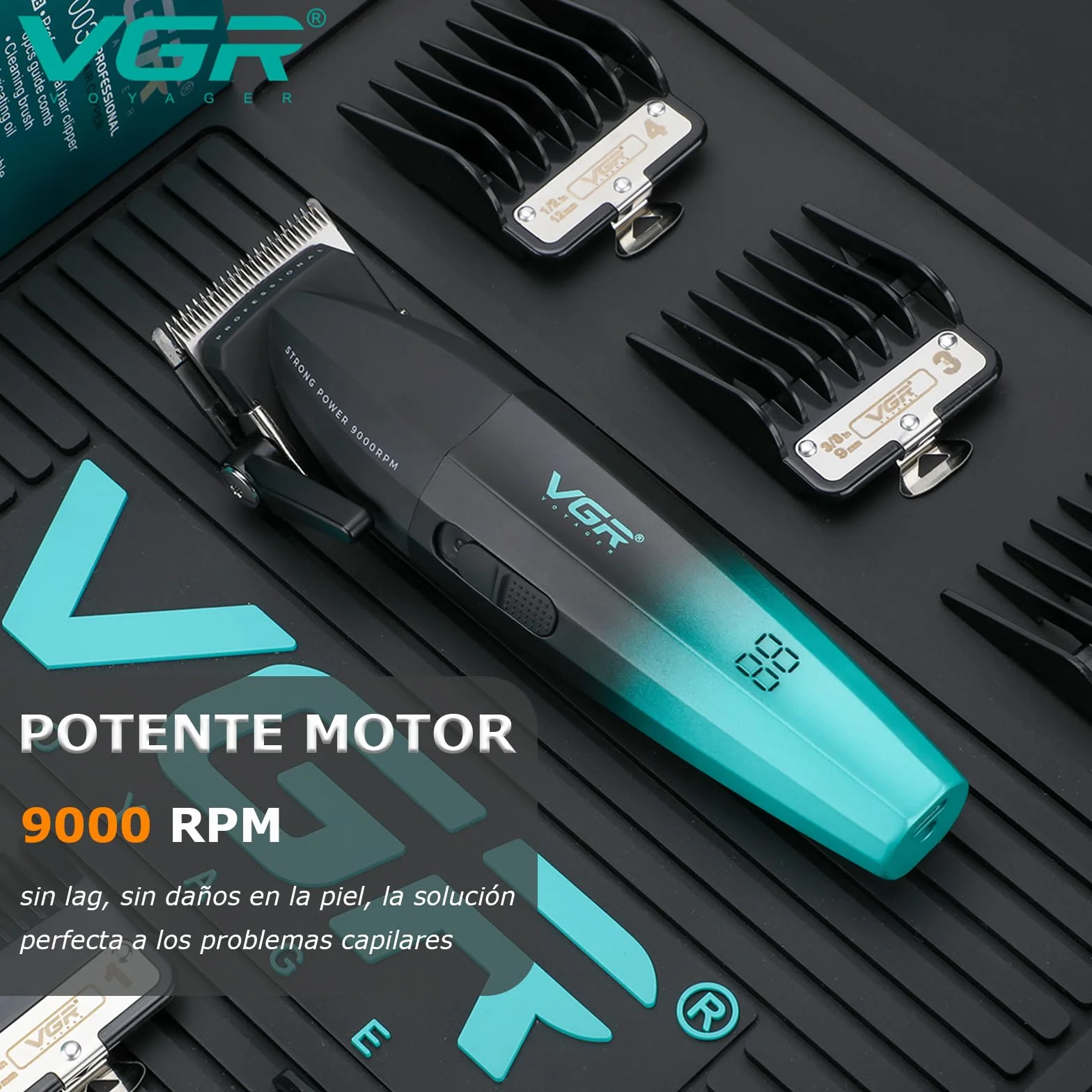 VGR 003 Cortapelos Profesional Inalámbrico, Máquina de Cortar Pelo Hombre, Cuerpo Metálico, Motor 9000 RPM, Cuchillas Cerámicas, LED, USB, Verde