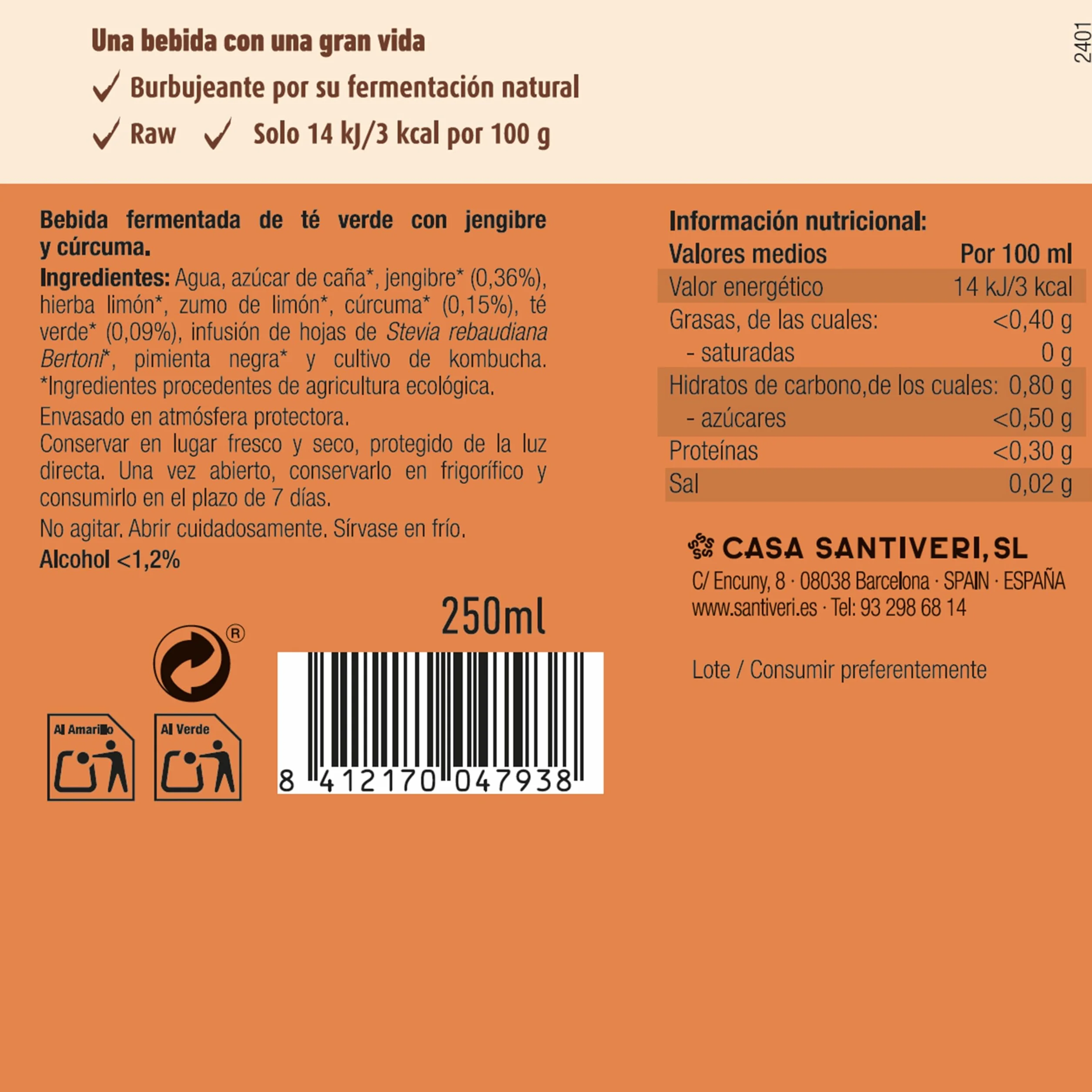 SANTIVERI Kombucha Cúrcuma-Jenjibre BIO Bebida fermentada de té verde 250 ml