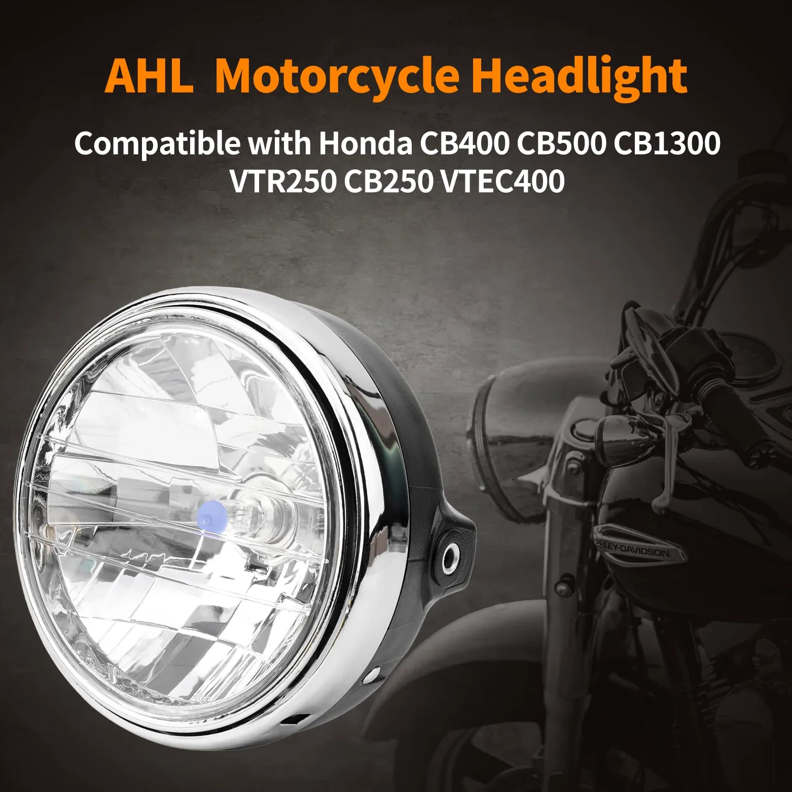 AHL Faro HalóGeno para Motocicleta, Faro Retro Redondo Cromado De 12 V Compatible con CB400 CB500 CB1300 Hornet 250/600/900 VTEC400 VTR250 CB250