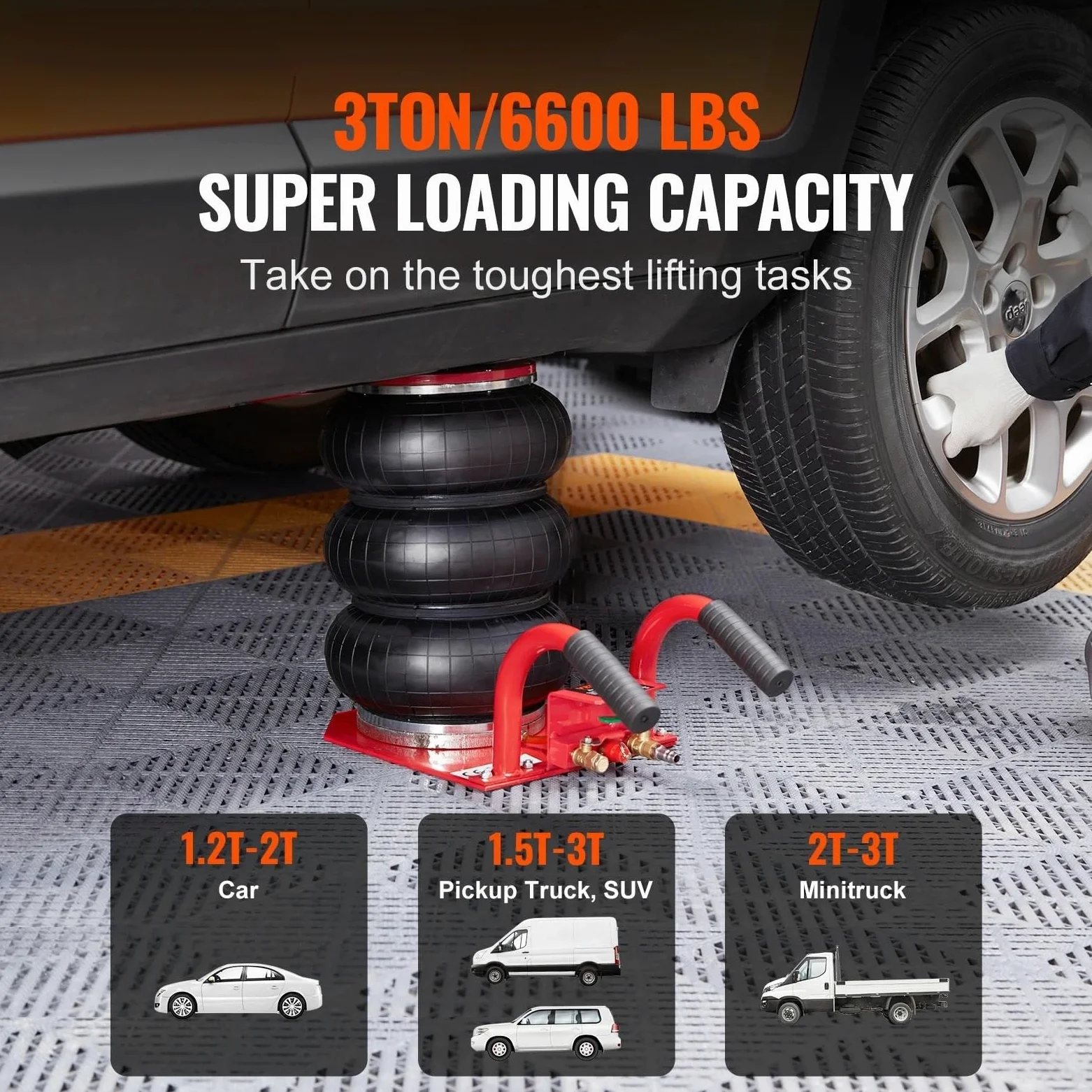 Caballete Coche Gato de Aire de Bolsa Triple de 3 toneladas/6600 Libras Gato neumático de elevación rápida de 3-5 s, manijas para reparación de Garaje de automóviles Gatos para Coches(B)