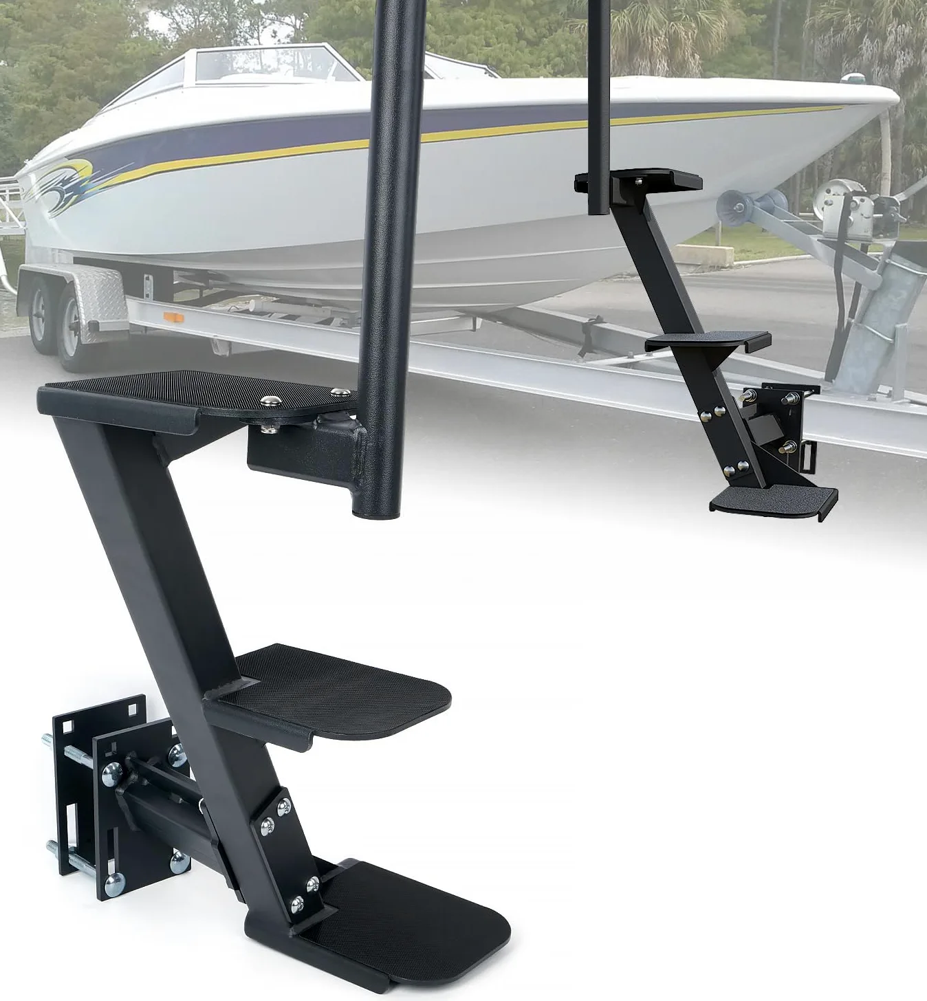Escalones de remolque de barco, escalones de lengüeta de remolque resistentes con asa, ajuste universal para 3 x 3 pulgadas, 4 x 4 pulgadas y 3 x 5 pulgadas (3 escalones, banda de rodadura | Superficie antideslizante, capacidad de 450 libras