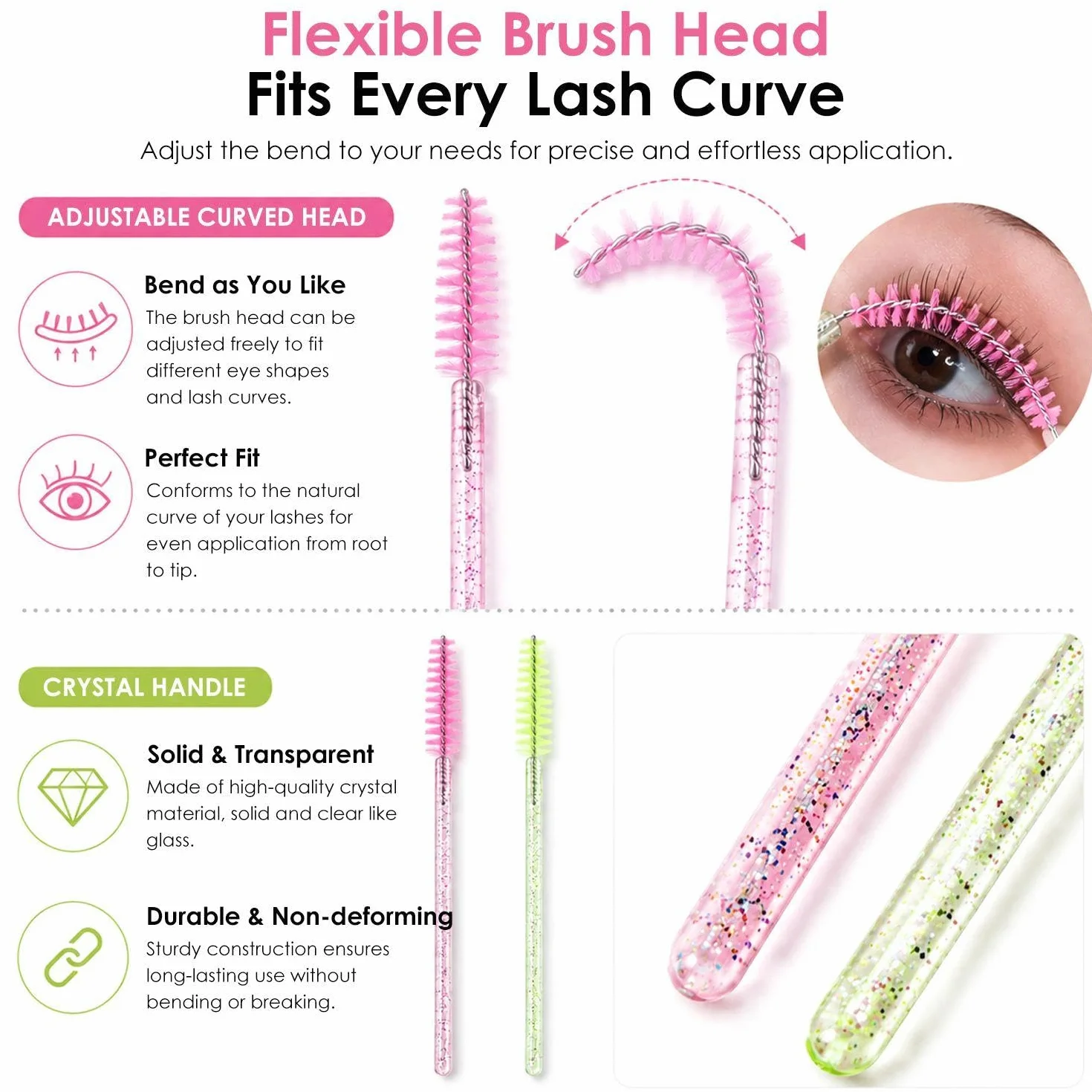 Cepillos Para Pestañas Y Cejas 100 Piezas Mango De Cristal En Espiral Rosa Verde