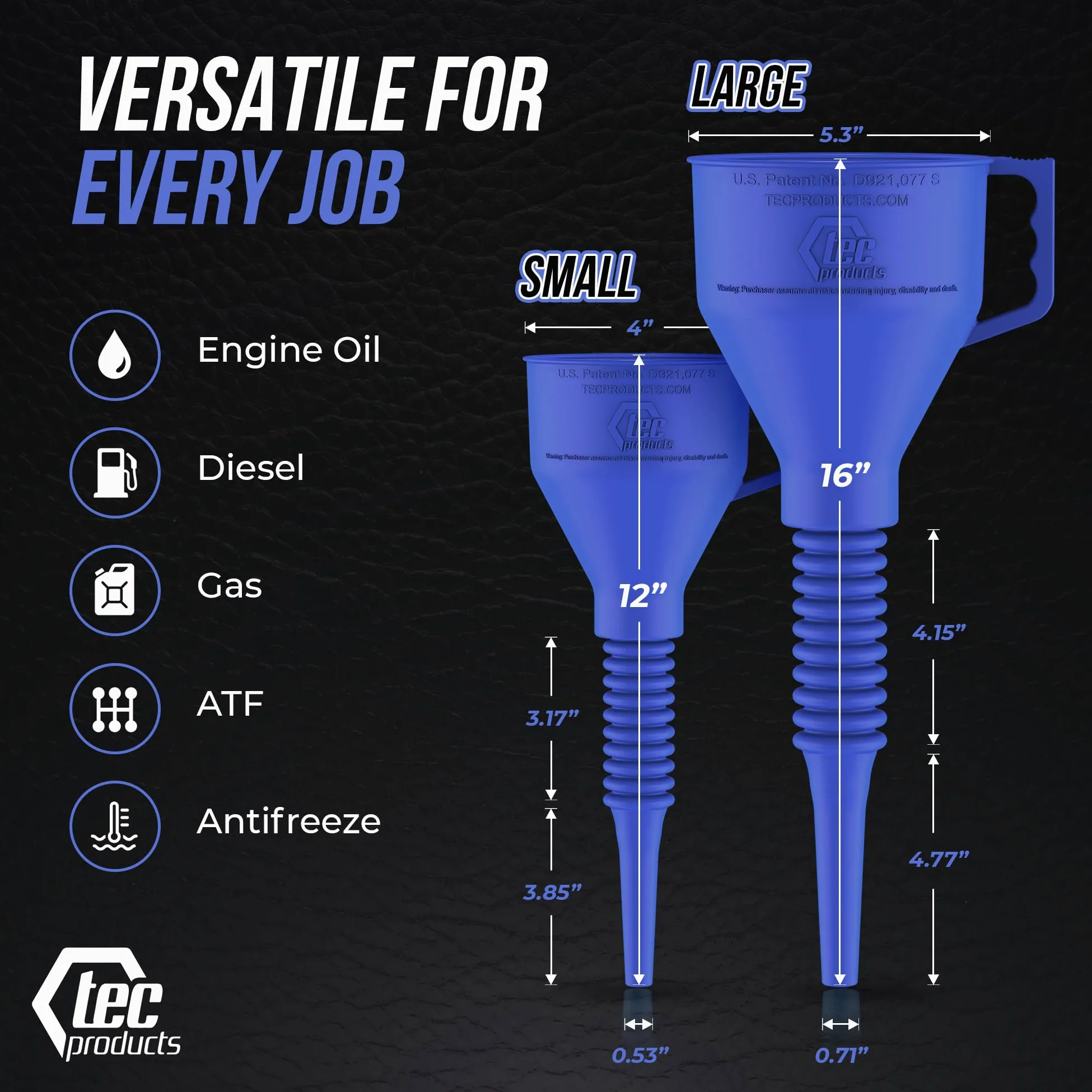 TEC Products FlexAll - Embudo de goma flexible con asa, varios tamaños y colores, fabricado en los Estados Unidos (pequeño, azul)
