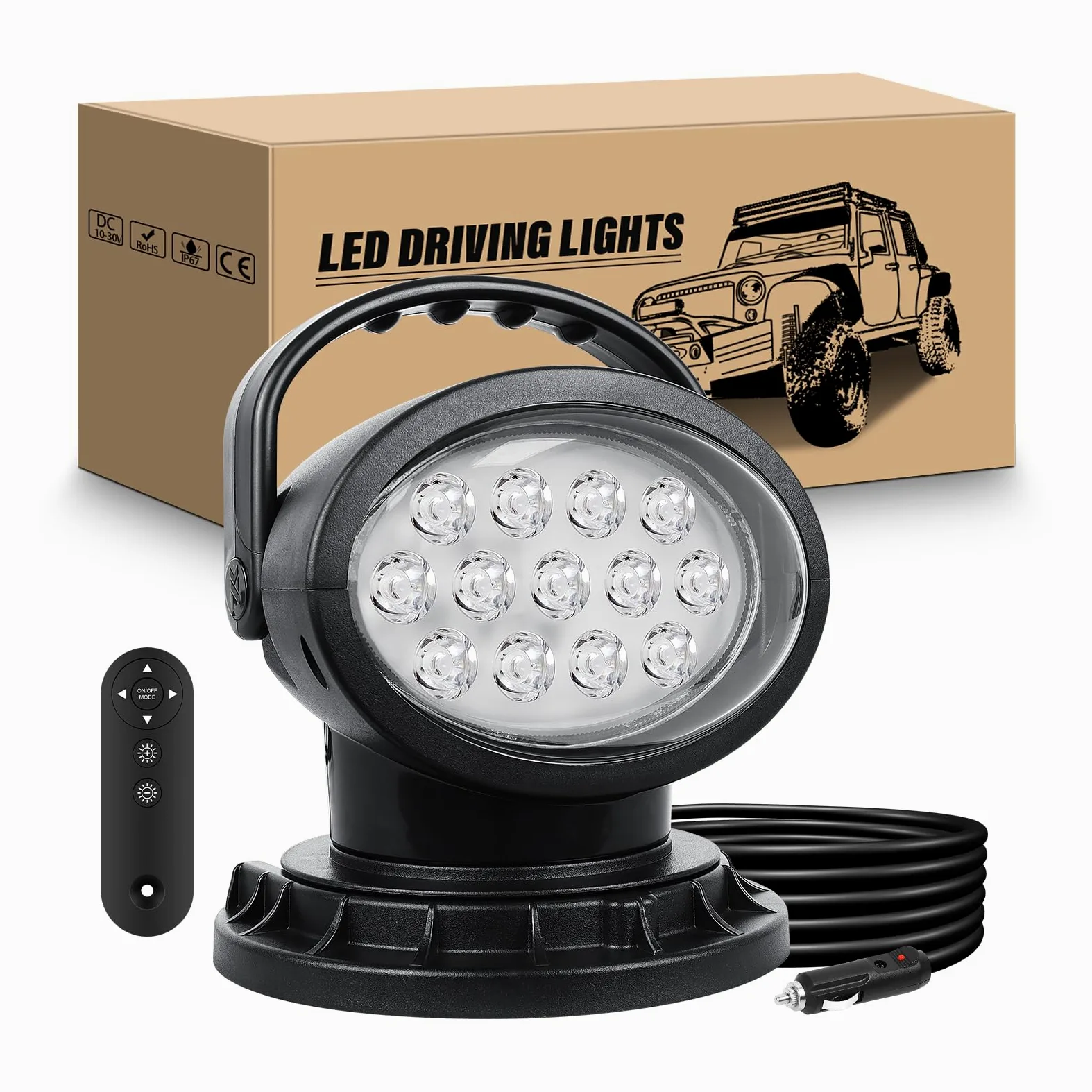 RIGIDON 38W 3800LM Foco Led de Busqueda, Spot Faro Trabajo Led Portatil | Magnética, Encendedor, Control Remoto, Rotatorio 360° , Focos Led para 4x4 Offroad Barco Caza Pesca Emergencia Iiluminación